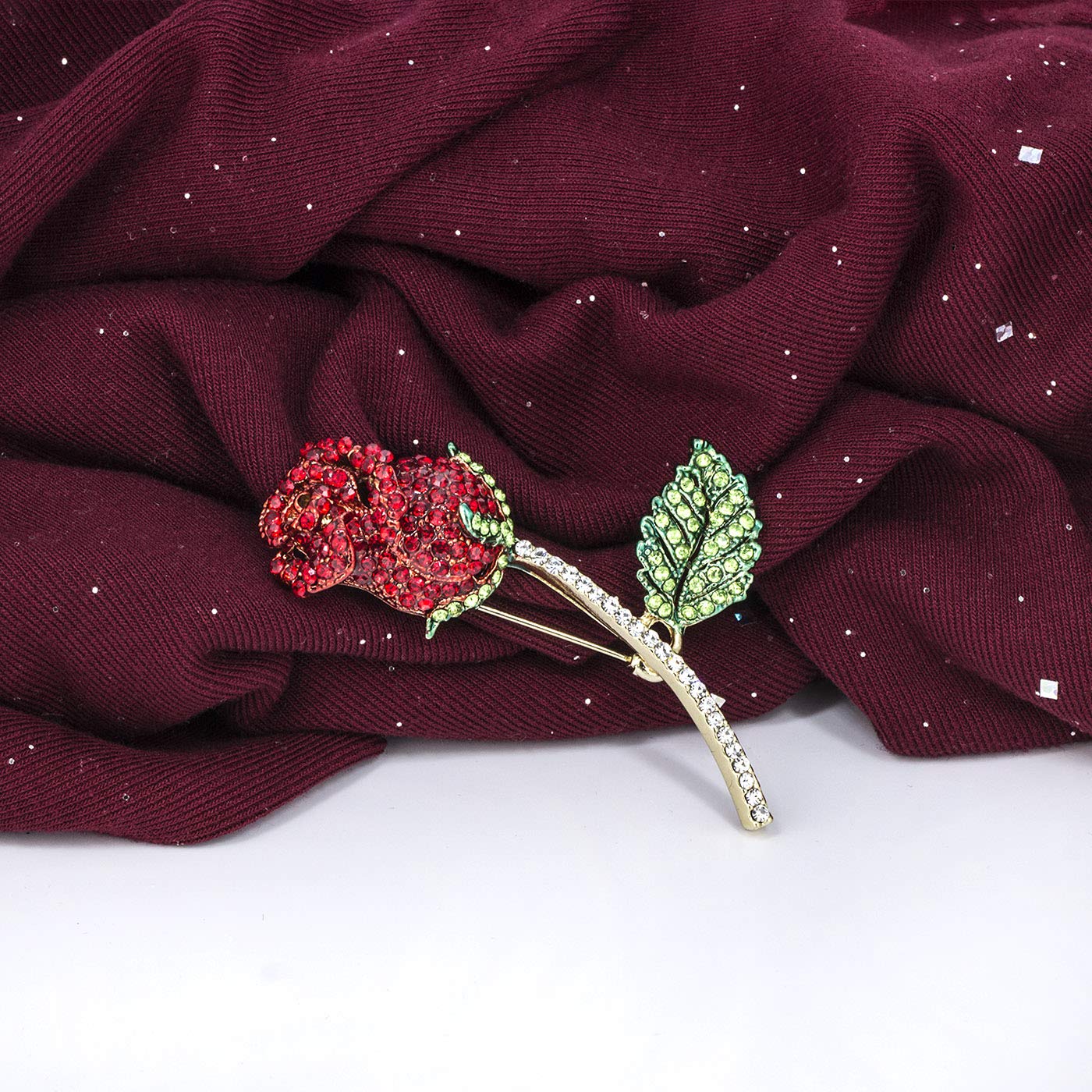 YOQUCOL Elegant Cubic Zirconia Crystal Rhinestone Red Rose Shape Brooch Pin for Women