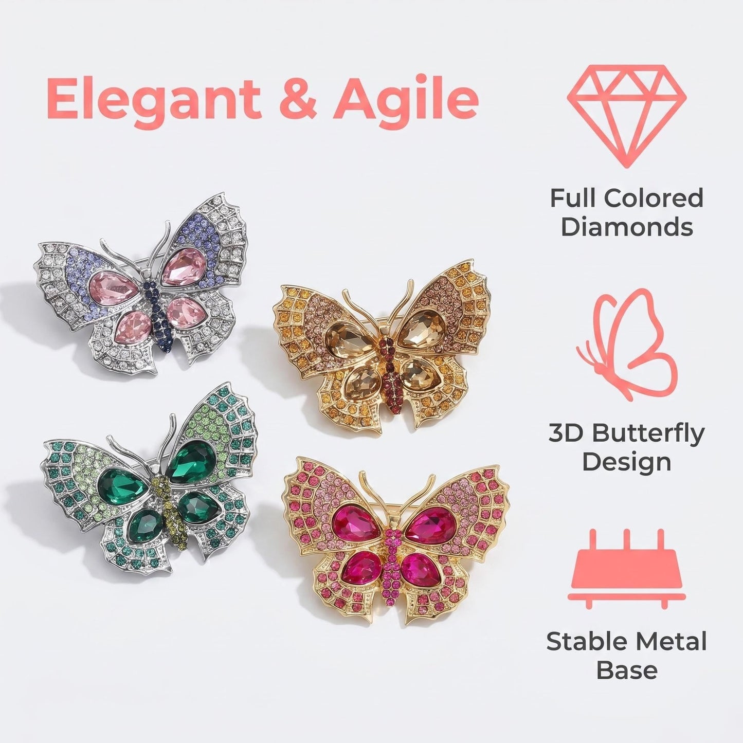 4Pcs Colorful Butterfly Brooch Pins for women, Fashion Women's enamel Crystal Rhinestone Butterfly Brooches Pin set for Clothes Dresses (3)