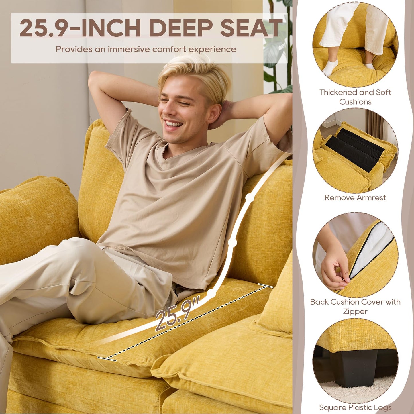 IPKIG 117" Sectional Sofa Cloud Couch, Modern Chenille U-Shaped Couch Comfy Upholstered 3-Seat Sofa with 2 Ottoman, 3 Lumbar Pillow, Deep Seat Modular Sofa for Living Room, Apartment, Studio, Yellow