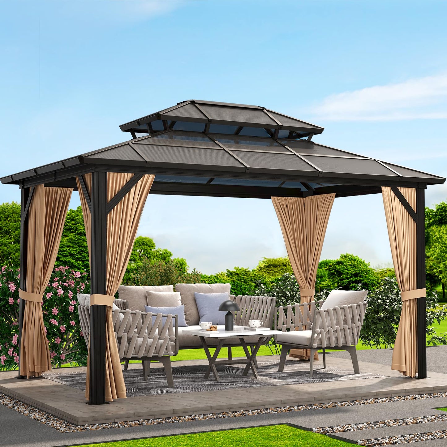 10x13 ft Permanent Aluminum Gazebo with Double-Layer PC Roof, Sturdy Metal Pavilion Canopy, All-Weather Outdoor Sunshade Structure with Retractable Curtains for Patio, Backyard, Garden, Deck