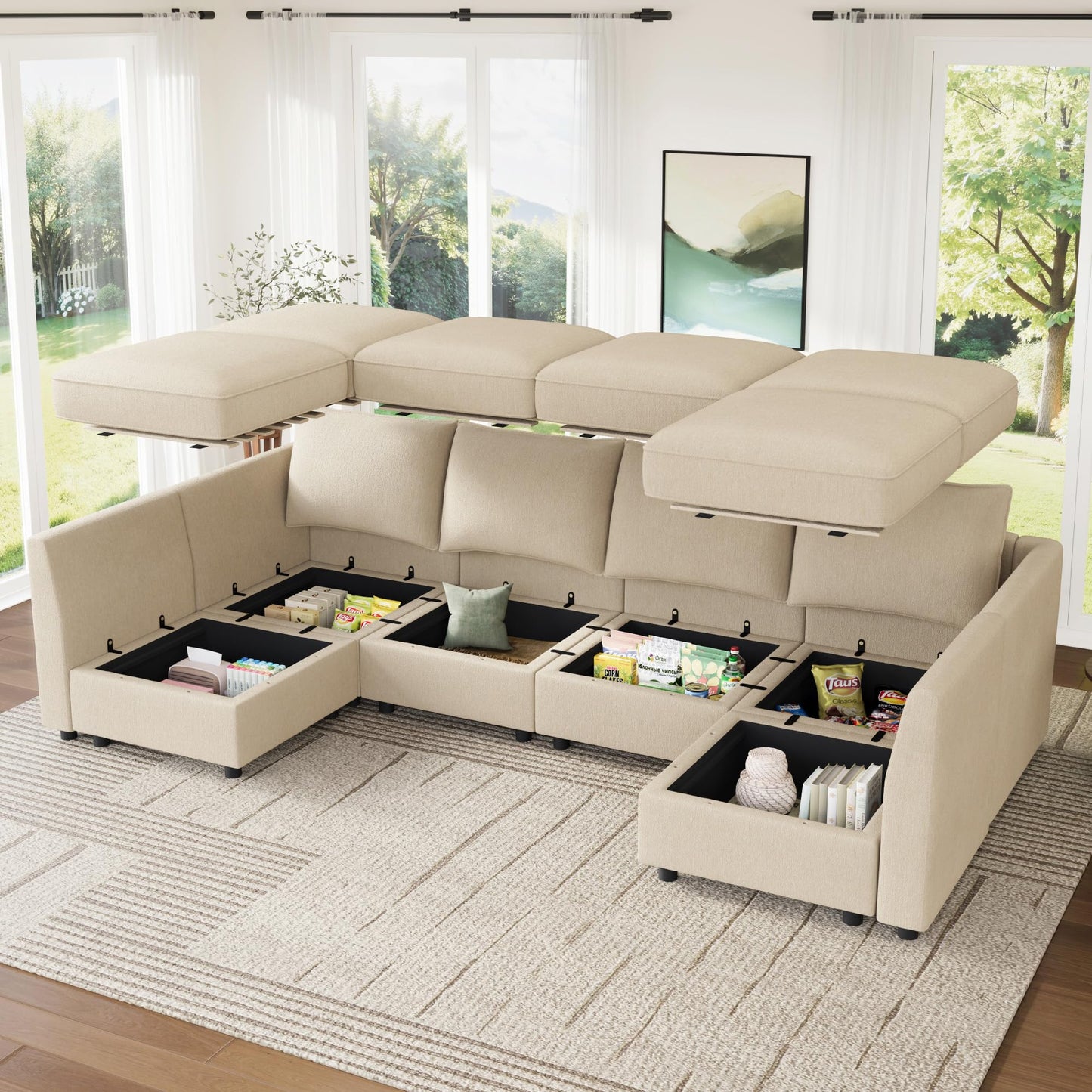 HONBAY Modular Sectional Sofa Couch with Storage, Modern U Shaped Sectional Sofa, Convertible Sectional Couch for Living Room - Beige
