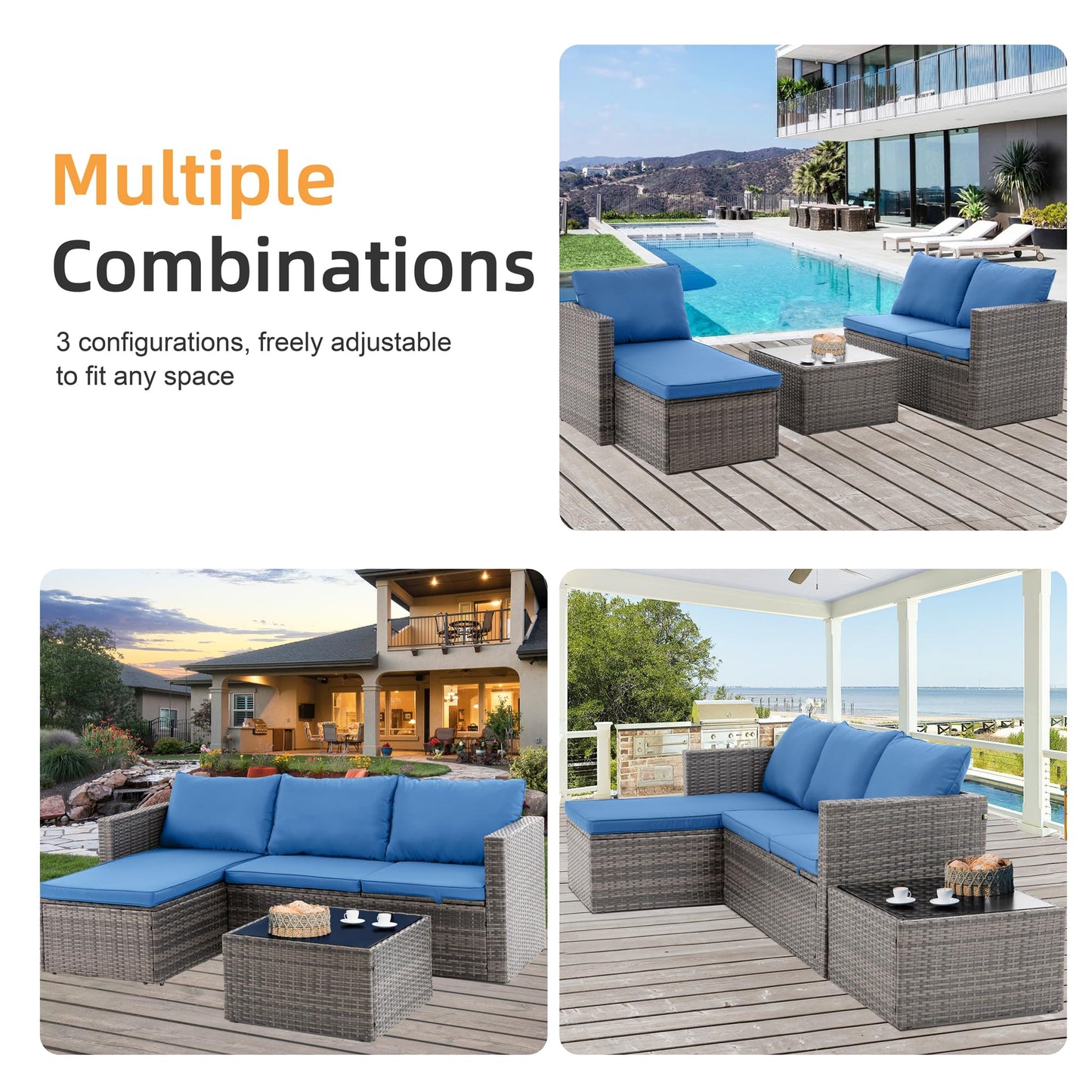 Shintenchi 4 Pieces Patio Furniture Sets, Outdoor Sofa Patio Sectional Sets All Weather, 2-in-1 Wicker Rattan Sofa Couch with Cushions & Coffee Table for Yard, Garden, Porch, Poolside (Navy Blue)