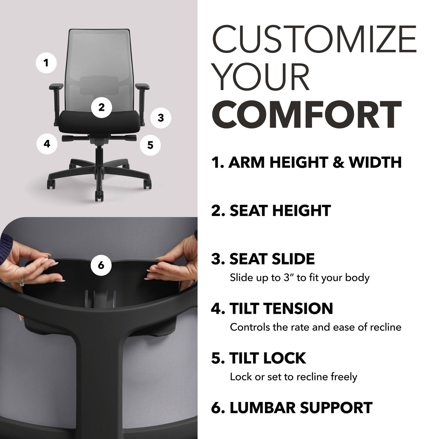 HON Ignition 2.0 Ergonomic Office Chair Fabric Seat, Adjustable Tilt, Swivel Wheels, Comfy for Long Hours, Home Office Desk Chairs, Fog