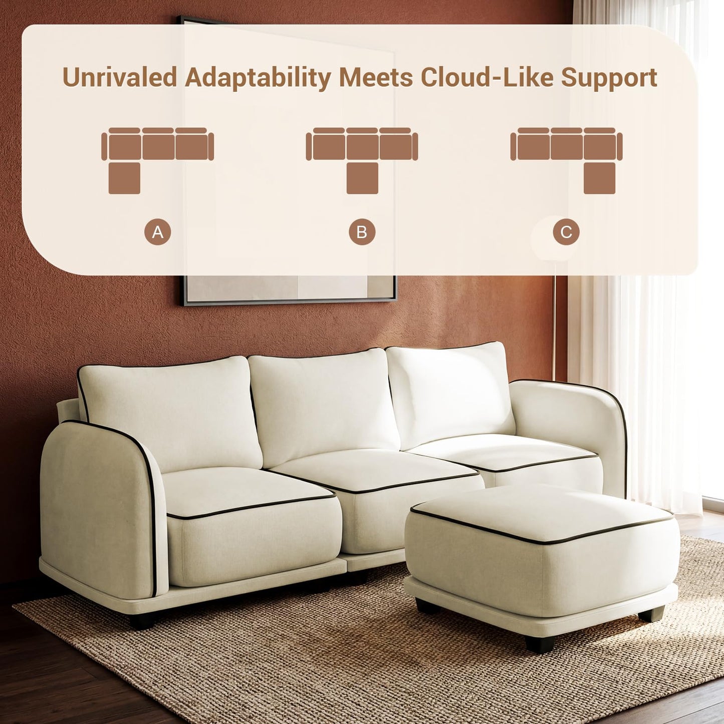 104 Inch L Shaped Modular Sectional Sofa, 4 Seater Modern Cloud Chenille Comfy Couch with Movable Ottoman & 3 Back Pillows, Oversized Comfy L Shape Couch for Living Room, Bedroom, Apartment, Beige