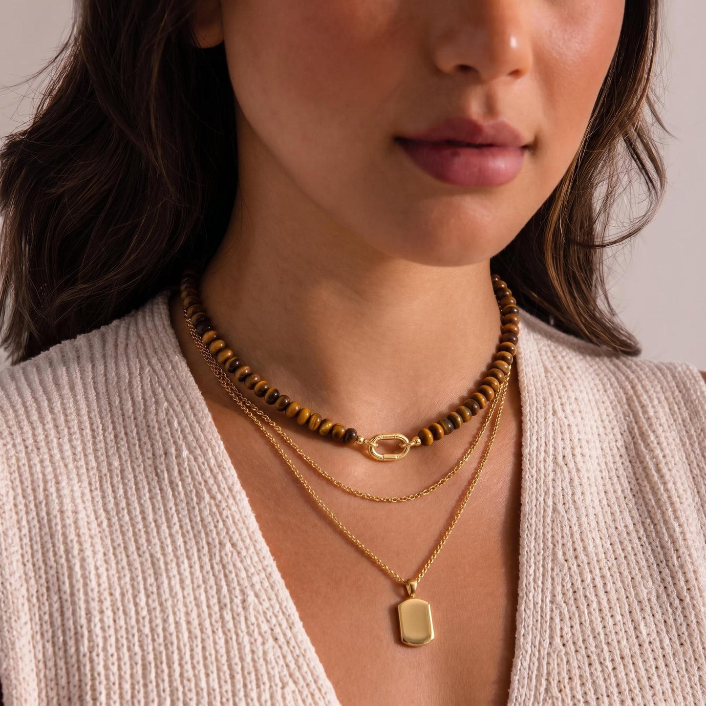 CONRAN KREMIX Tiger Eye Stone Beaded Necklace for Women,Natural Stone Bead Choker Necklaces Boho Summer Beach Necklace Gemstone Jewelry Gift for Women