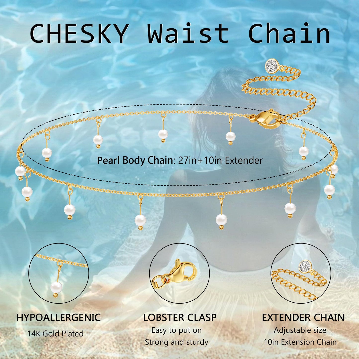 CHESKY 14K Gold Plated Waist Chain for Women, Belly Belt Chains Beach Waist Chain Waterproof Body Chain Summer Jewelry Accessories for Women