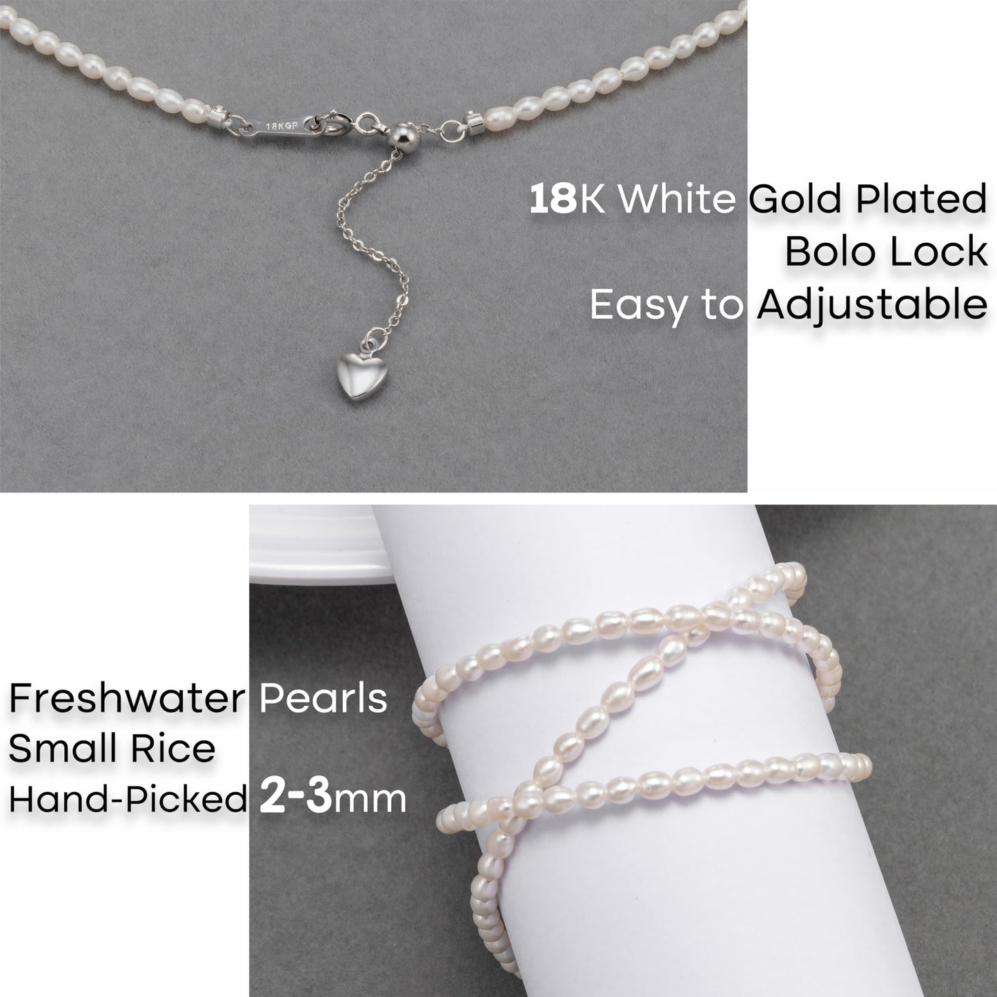 Pearls Necklace, Freshwater Tiny Small Rice Pearls Necklace for Women's Pearl Strand Necklace Chain 18K Gold Plated Hypoallergenic White Necklace as Prom Bridesmaid Birthday Gifts(Rice, 18KWGP Lock)