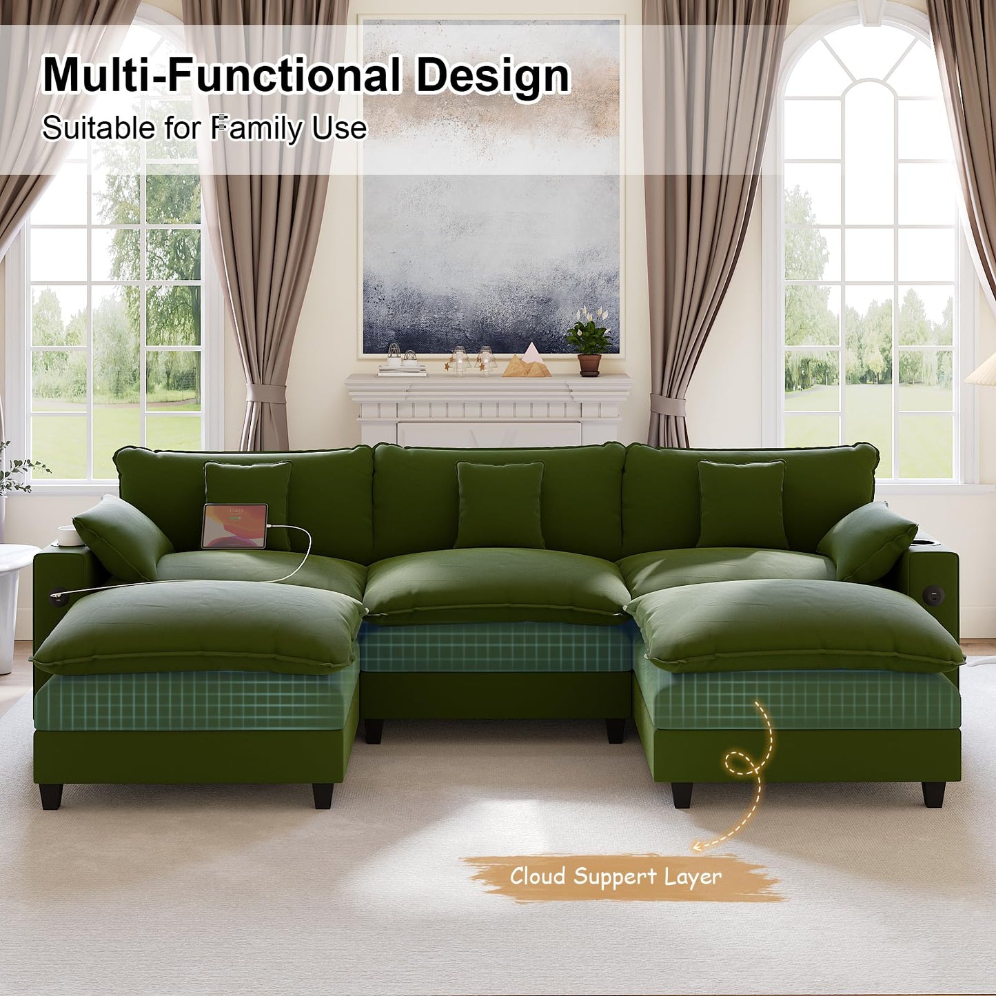 KCGKCG 116" Modular Sectional Sofa, U Shaped Cloud Couch with Movable Ottoman, Chenille Deep Seat Cloud Sofa with Charging Station, Cup Holder, Side Pocket, Sectional Couches for Living Room, Green