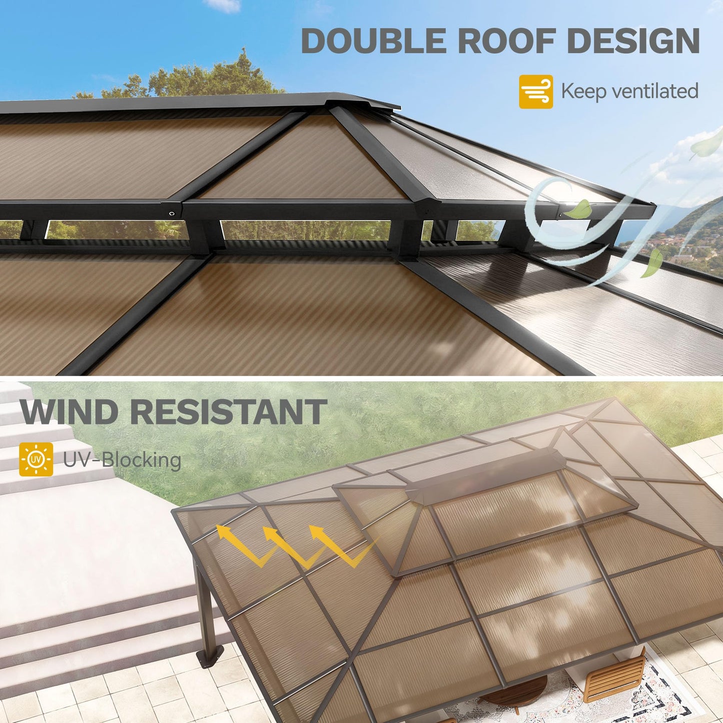 DWVO 12x16ft Gazebo Hardtop Double Roof Polycarbonate Canopy Outdoor with Netting and Shaded Curtains, Metal Frame Garden Tent for Patio, Backyard, Deck and Lawns, Brown