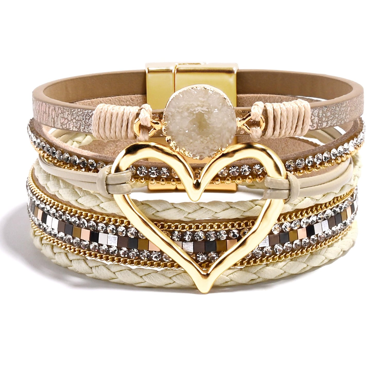 VIBILIA Boho Leather Wrap Bracelets for Women Heart Multi-Layer Bracelets with Strong Clasp Jewelry for Women-Khaki