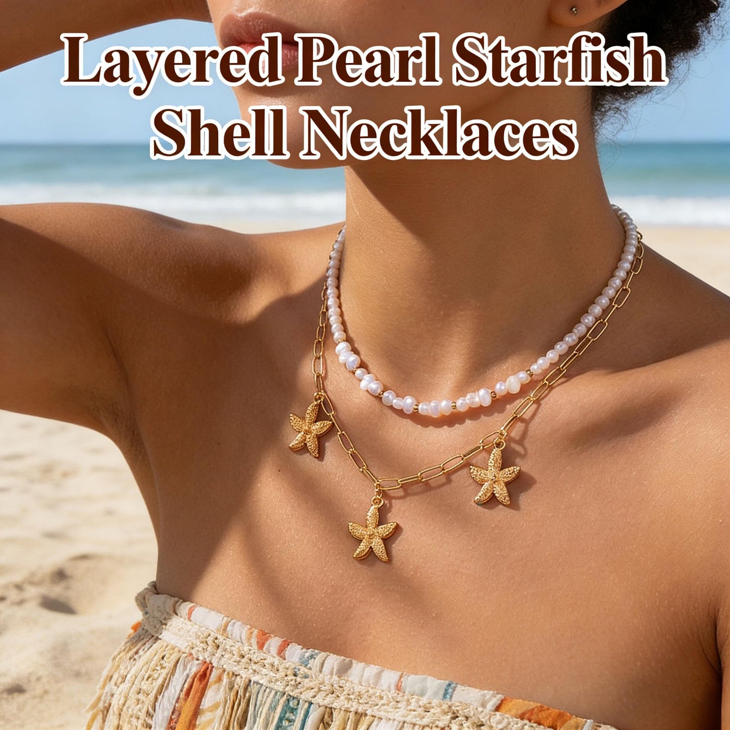 ANGLEQUEEN Gold Starfish Mermaid Necklaces Layered Pearl Starfish Shell Necklaces for Women Gold Pearl Choker Necklace Hawaiian Beach Surf Jewelry, Mermaid Costume Accessories B