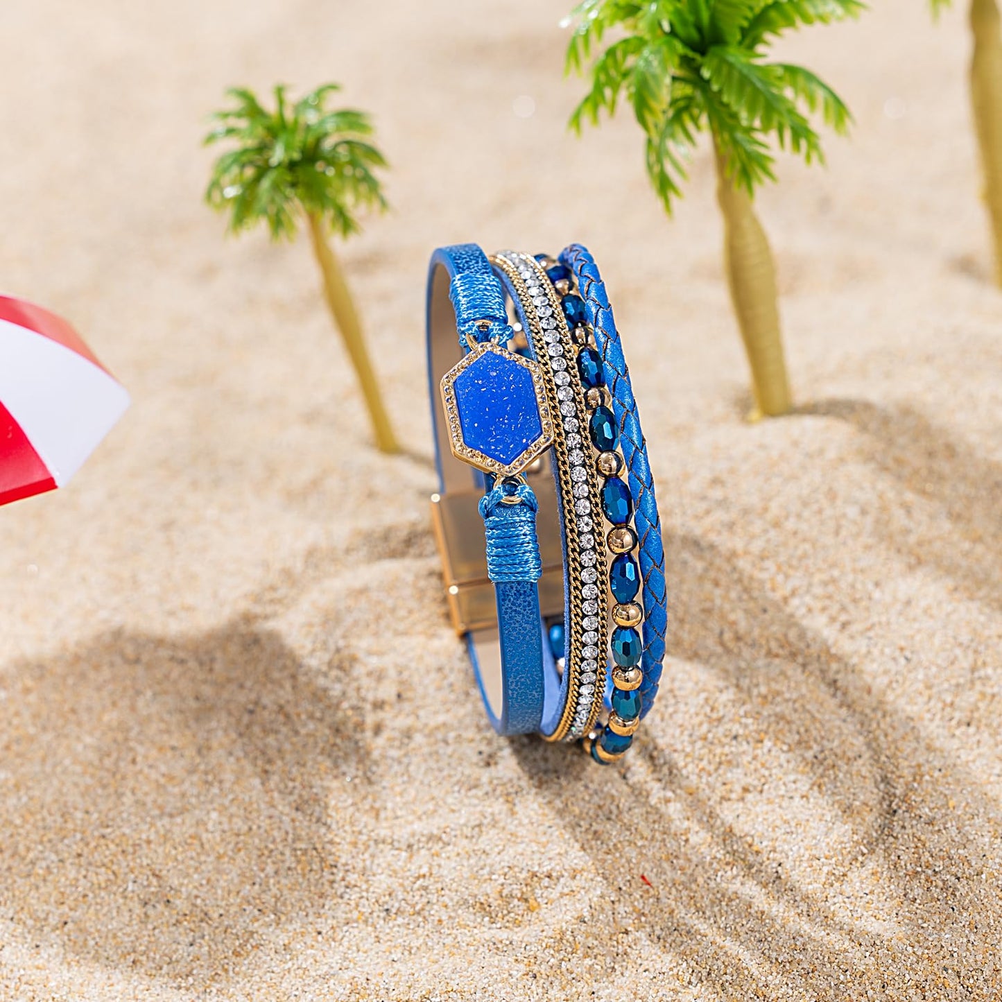 FANCY SHINY Crystal Beaded Leather Wrap Bracelet Stackable Boho Jewelry for Women Trendy Braided Resin Stone Bangle Cuff with Magnetic Clasp(Blue)