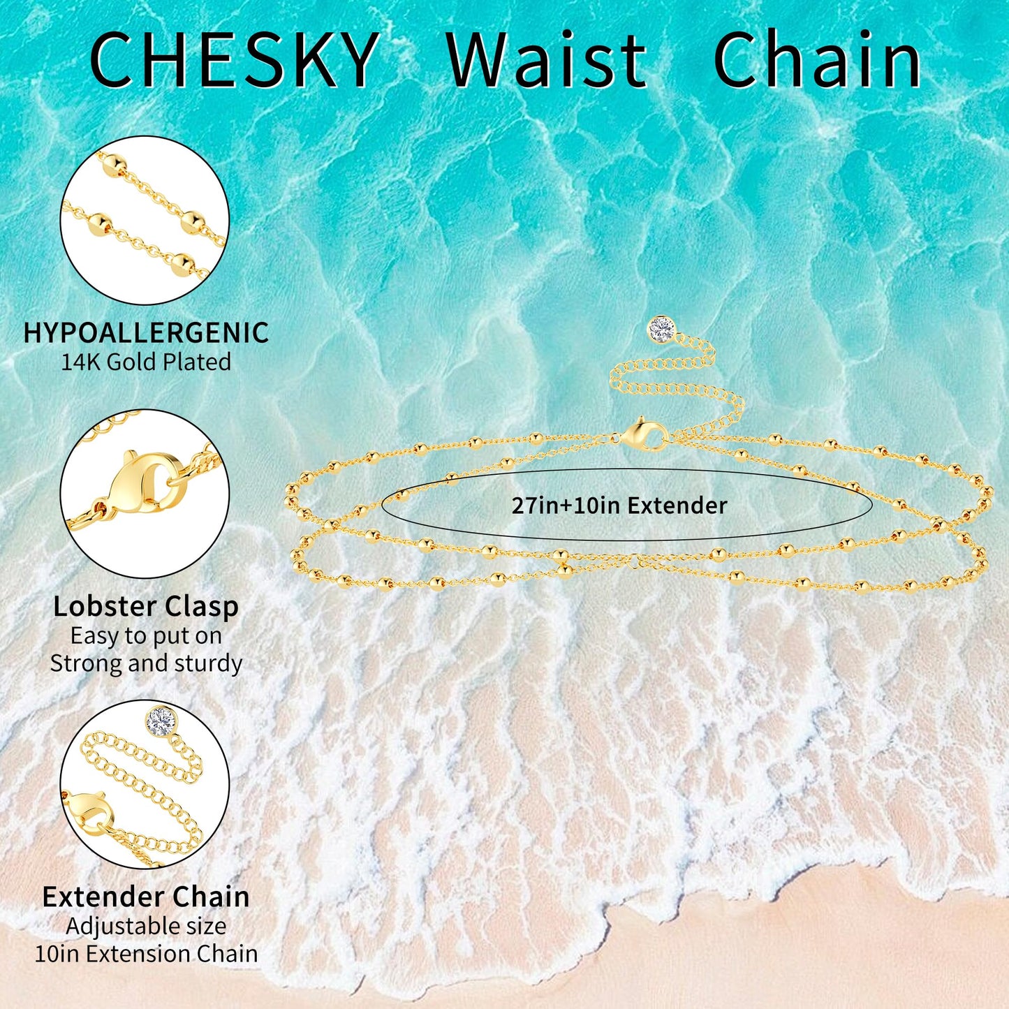 CHESKY Waist Beads for Women, 14k Gold Plated Waist Chain Belt Dainty Belly Chain Body Chain Gold Chain Belt for Women Western Body Jewelry for Womens Festival Outfits for Womens Beach Coachella Accessories