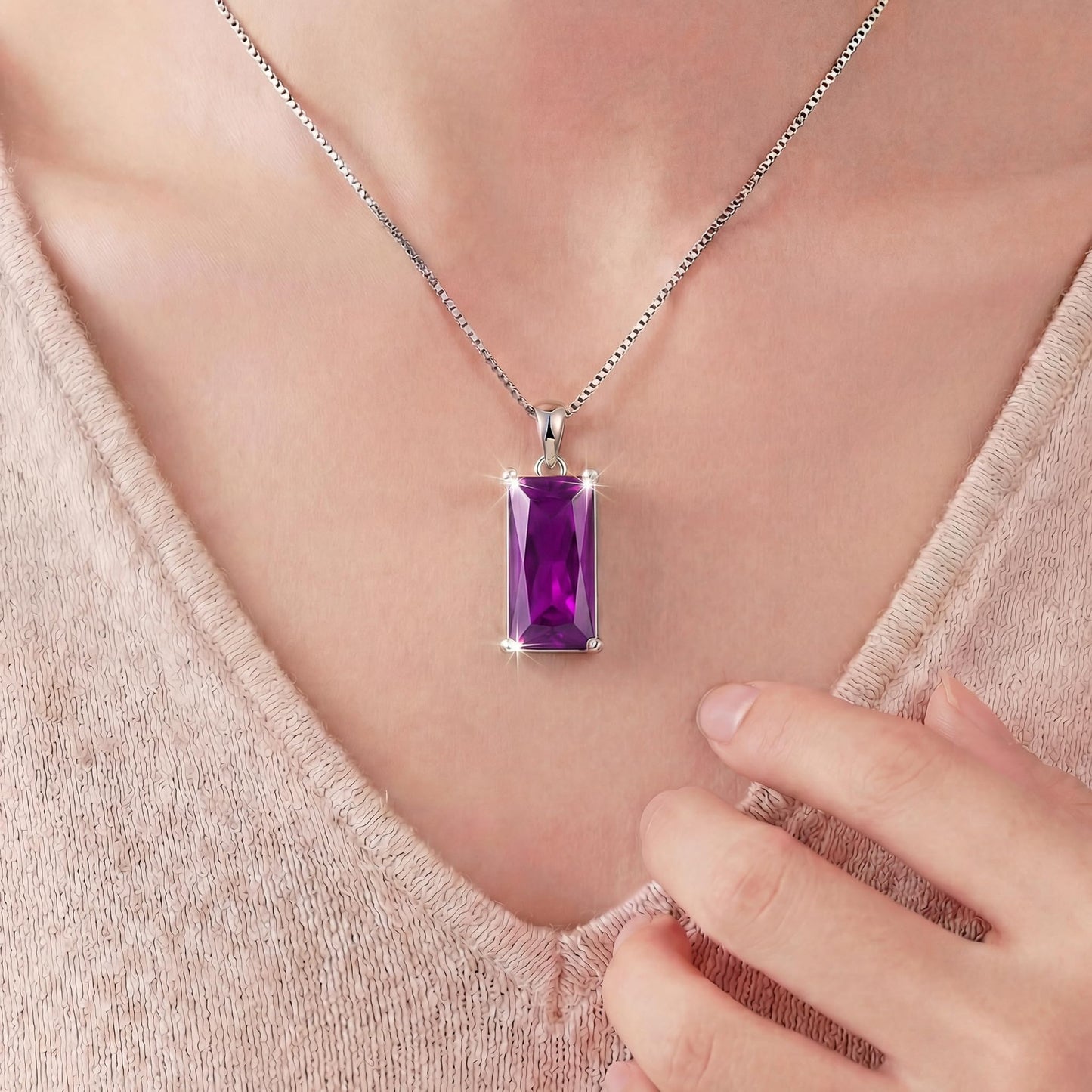 Kuschelkatze 8mm x 16mm Square June Birthstone Alexandrite Pendant Necklace – Fashion charming Sterling Silver Gift for women