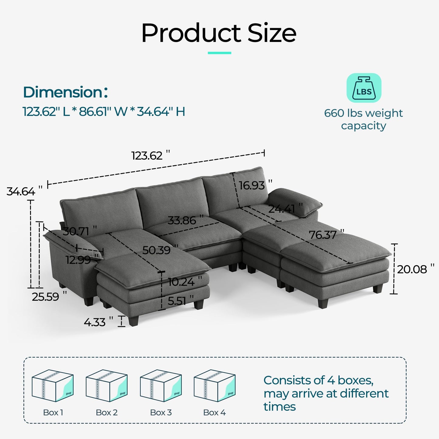 LINSY HOME Modular Sectional Sofa - 123 Inch Oversized Corduroy Cloud Couch with Movable Ottoman Soft Modern Comfy Sofa Set for Living Room Apartment Office, Grey