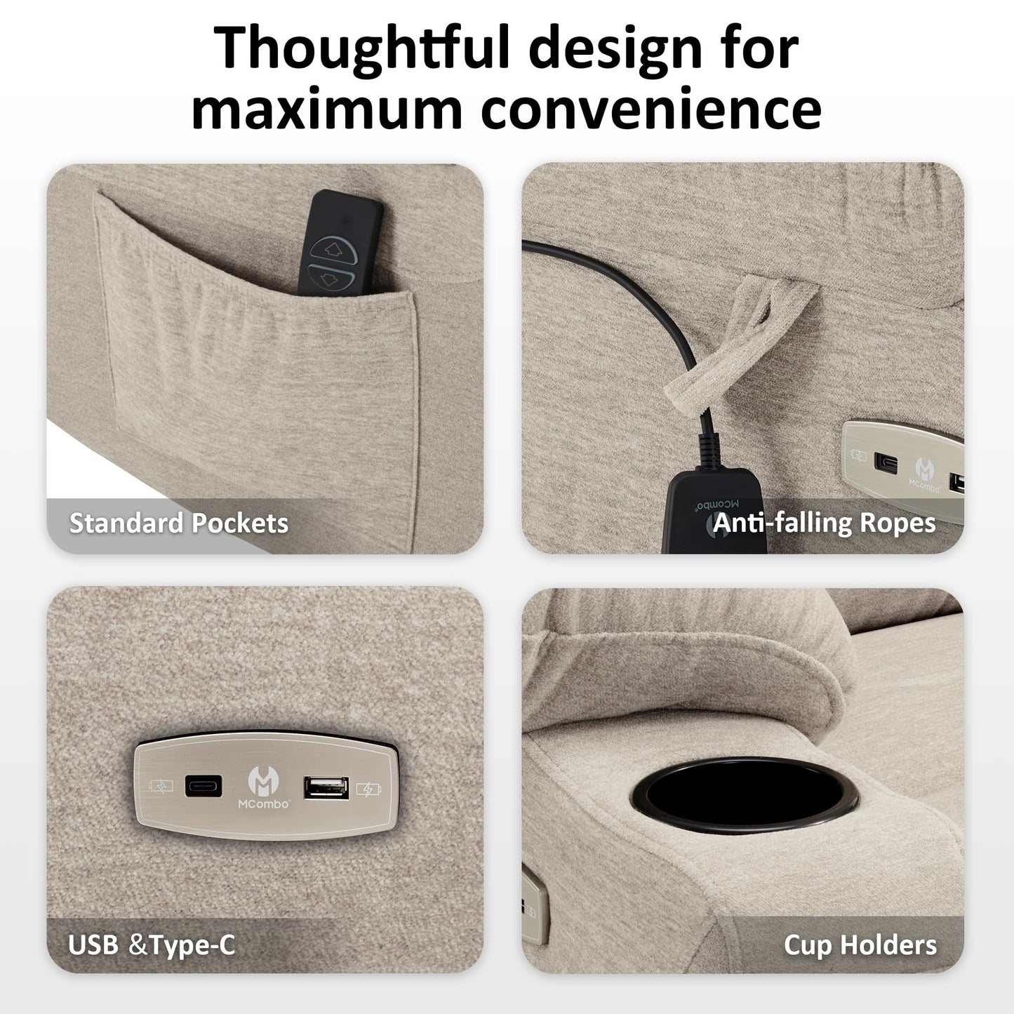 MCombo Power Lift Recliner Chair for Elderly, Electric Lift Chair with Extended Footrest, USB Ports, Cup Holders, Fabric 7287 (Oatmeal, Medium)