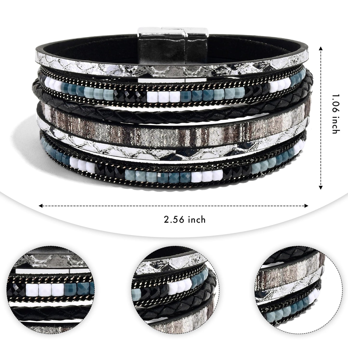 VIBILIA Boho Leather Wrap Bracelets for Women Trendy Layered Multi-Layer Bracelets with Strong Clasp Jewelry for Women-Black