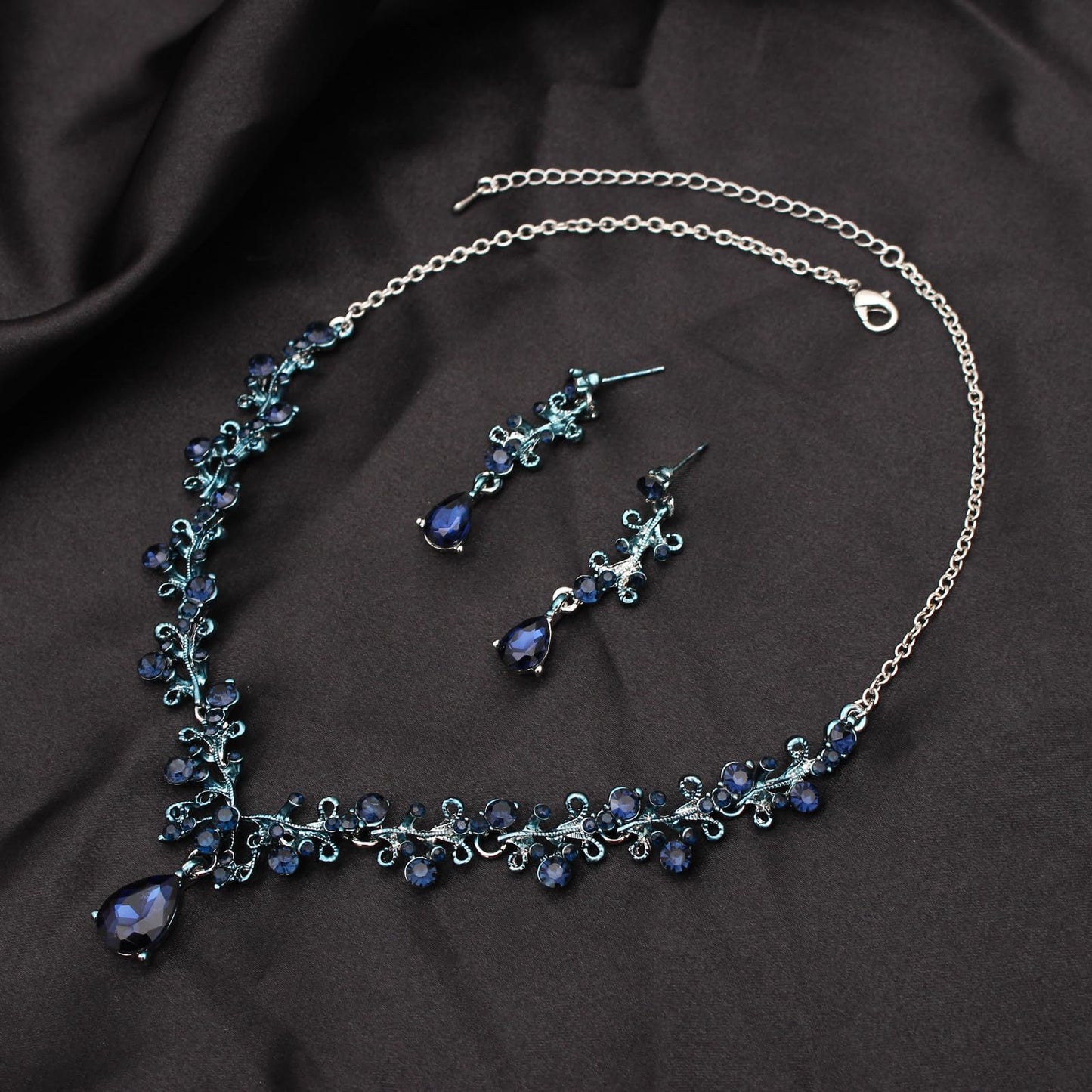 3Pcs Austrian Crystal Jewelry Set for Women, Necklace Dangle Earrings Link Bracelet Jewelry Set with Gold/Platinum/Gun Plated, Wedding Party Jewelry for Bridal Bridesmaid (Blue Black-Platinum Plated)