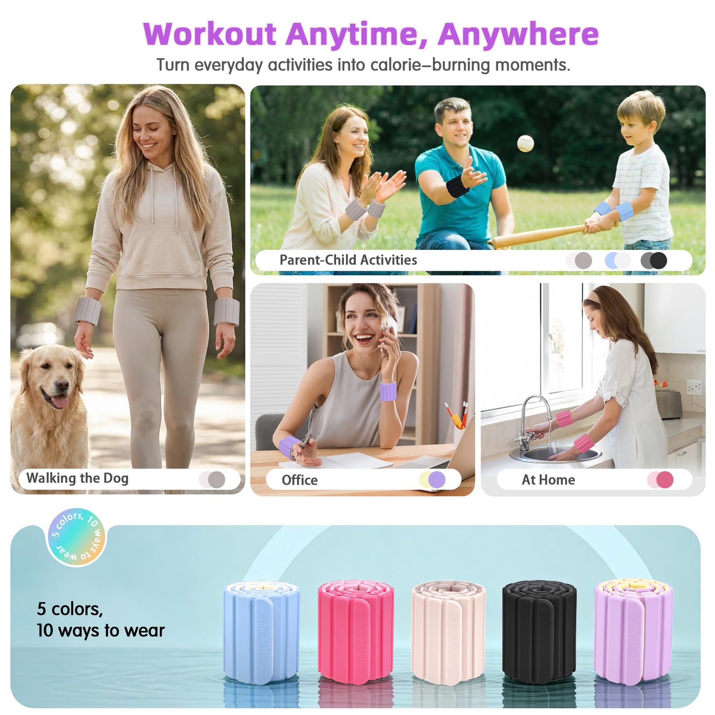 BECOJADDE Wrist Weights Ankle Weights for Women 1 Pair (2.2 lb Each) Silicone Magnetic Leg Arm Weighted Bracelet for Home Yoga Pilates Gym Workout Walking Jogging, Yellow Lavender