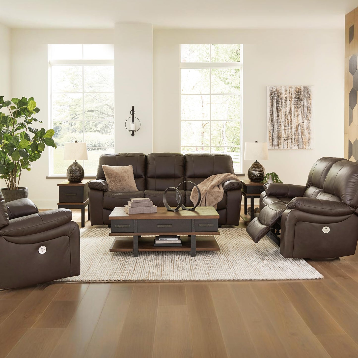 Signature Design by Ashley Leesworth Power Reclining Sofa, Leather and Faux Leather One-Touch Power Recliner Couch with USB, Zero Wall Design, 88" Width Living Room Seating