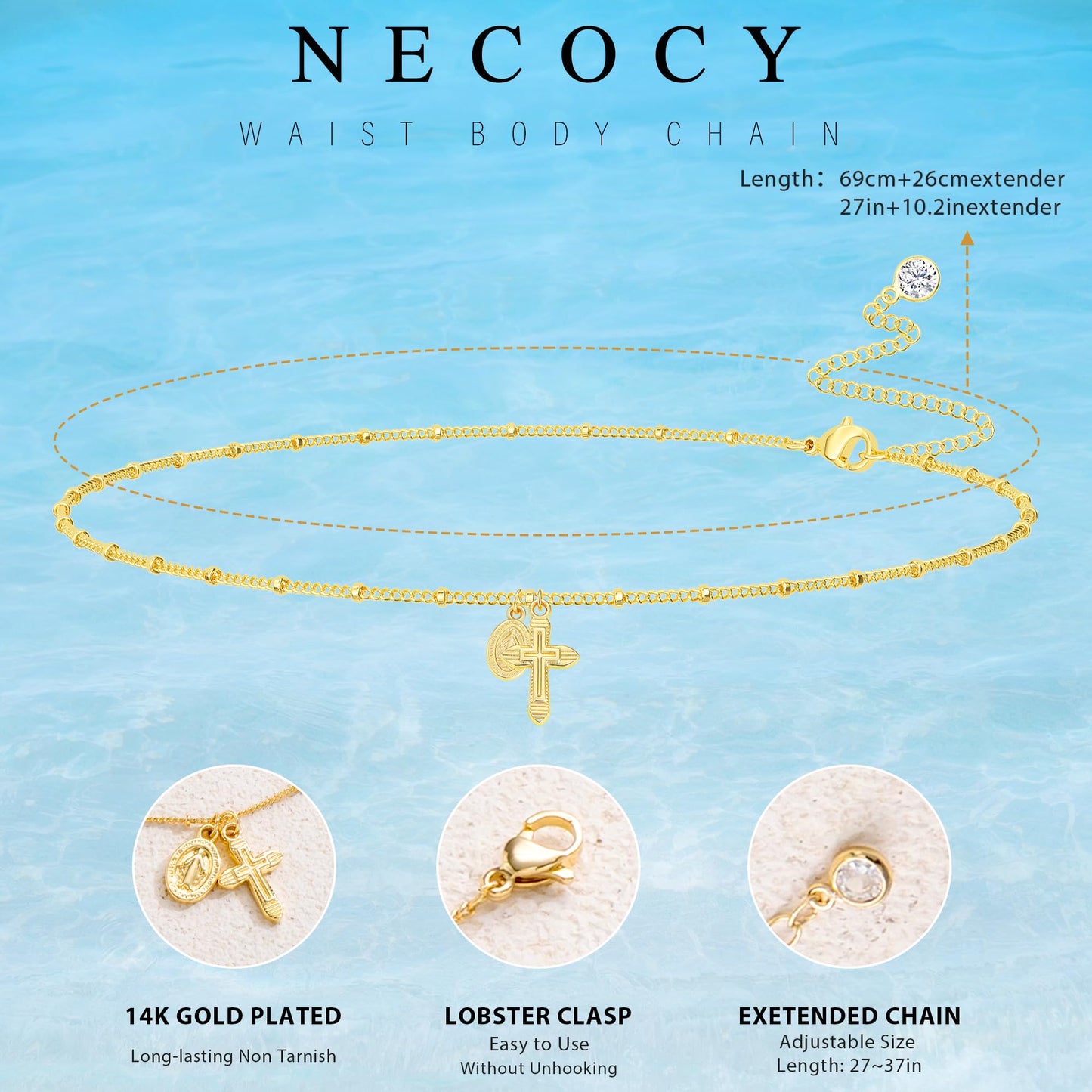 NECOCY Cross Waist Chain for Women, Trendy 14K Gold Plated Belly Belt Beads Chain Adjustable Waterproof Sexy Layered Beach Satellite Body Chain Summer Bikini Jewelry Accessories for Women