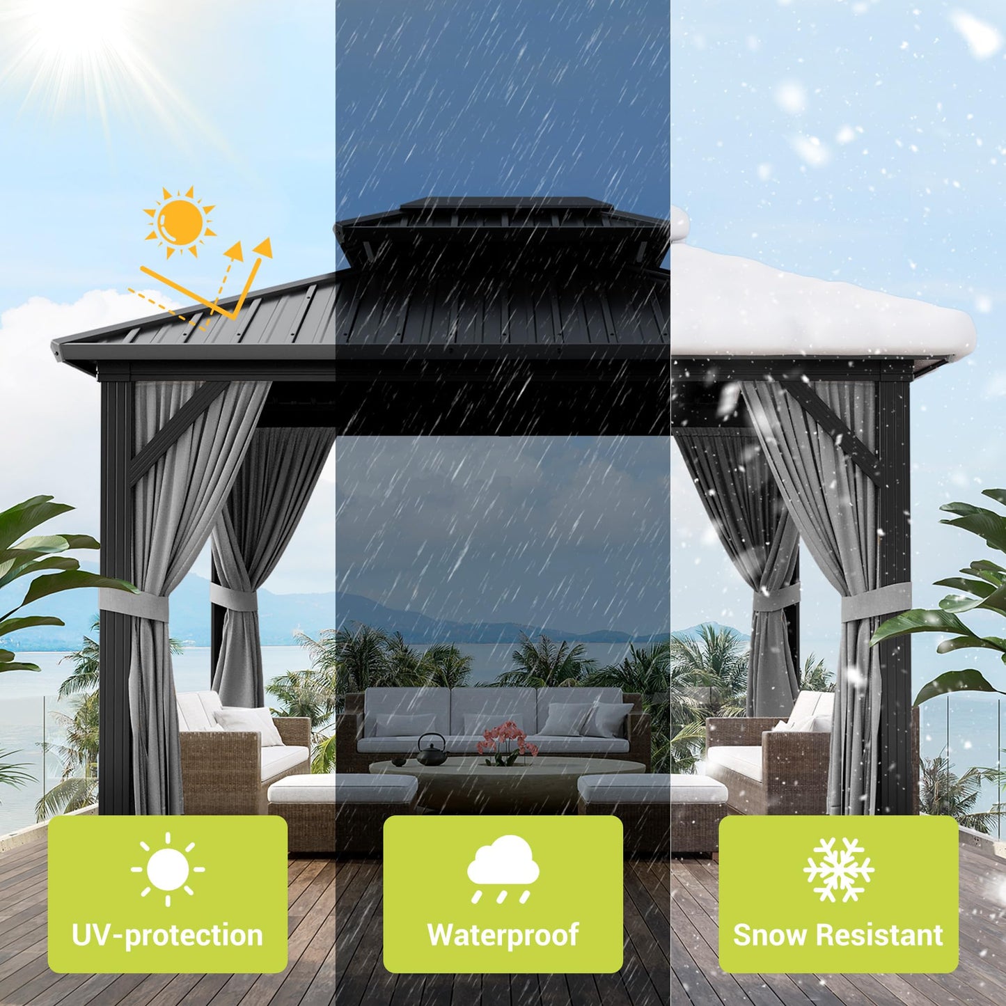 10' x 12' Aluminum Hardtop Gazebo with Double Metal Roof, All-Weather Permanent Outdoor Canopy with Netting & Curtains for Patio, Backyard, Deck, and Lawn
