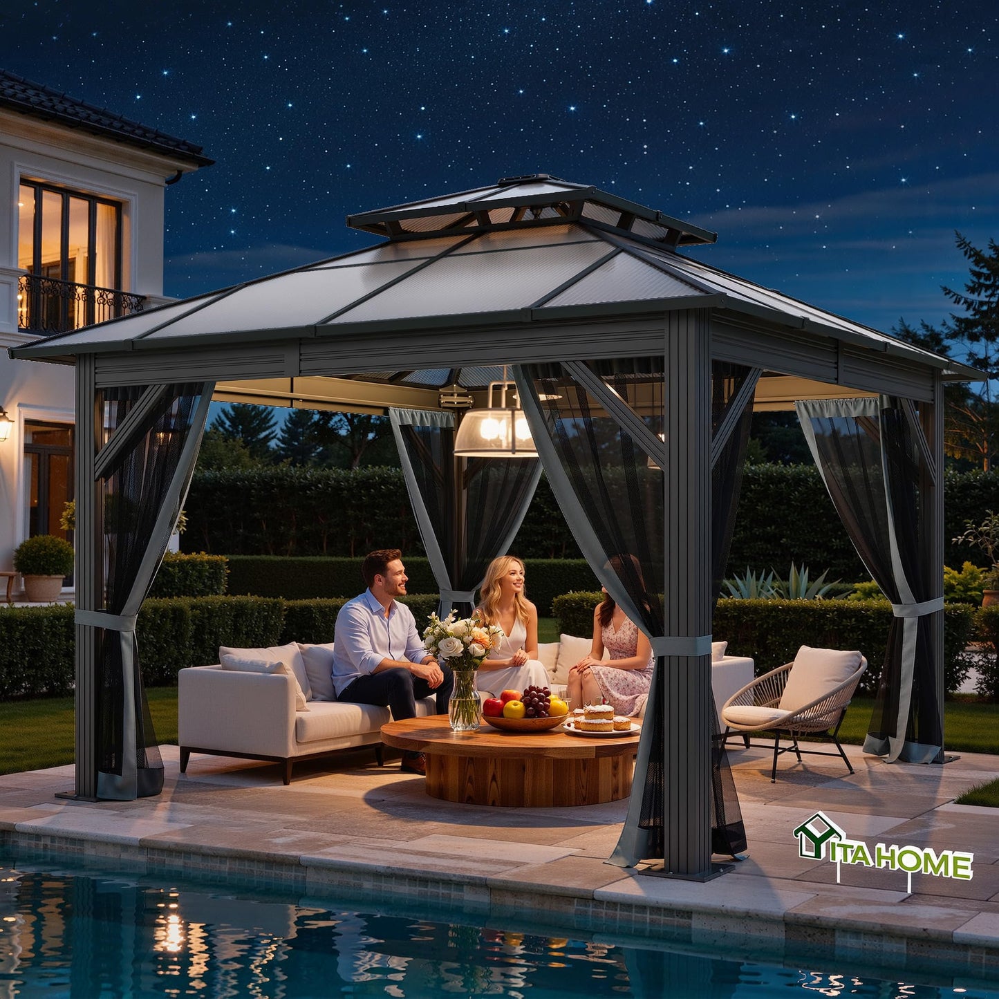 YITAHOME 10X10FT Polycarbonate Hardtop Gazebo Outdoor Patio Double Top Canopy Galvanized Iron Metal Column Garden Tent Curtains Netting for Backyards Decks Lawns,Gray