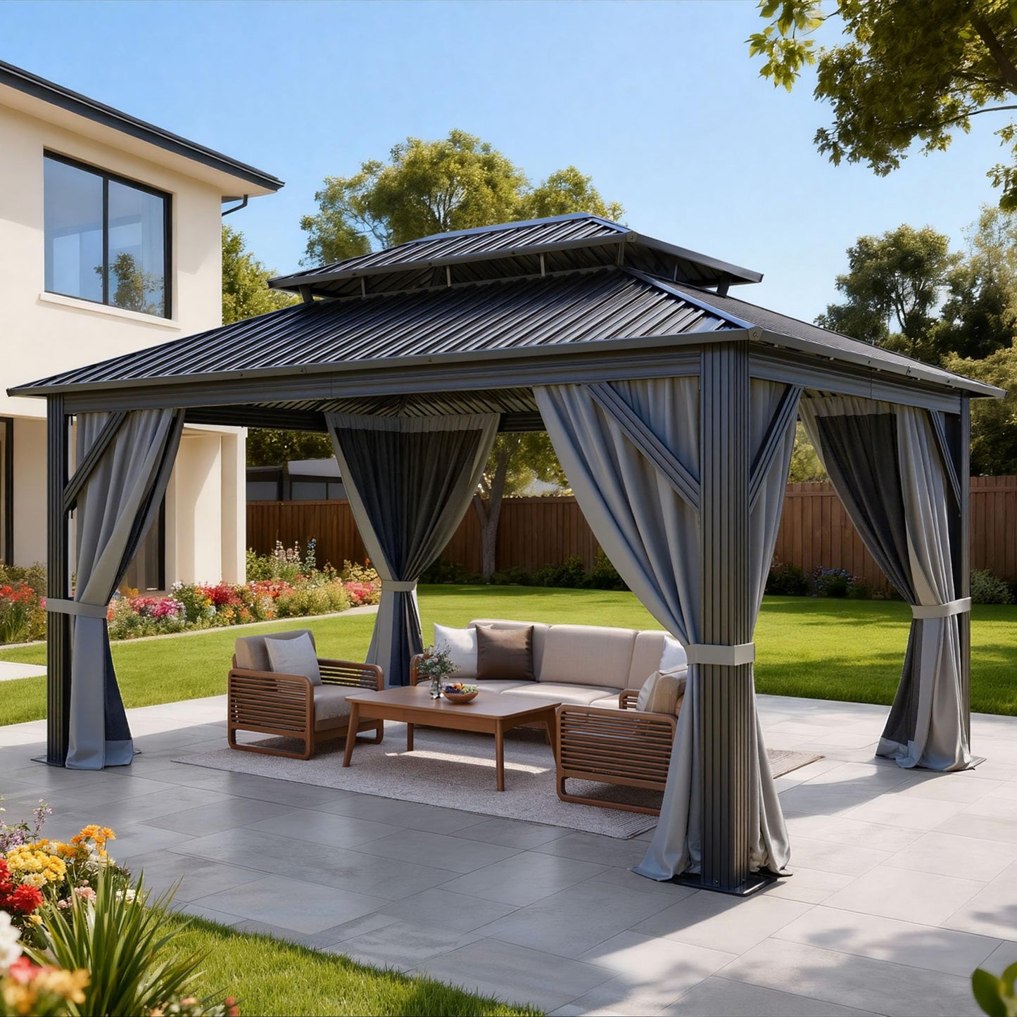 DWVO Hardtop Gazebo with Nettings and Curtains, Heavy Duty Galvanized Steel Outdoor Vertical Stripes Roof for Patio, Backyard, Deck, Lawns, Gray, 16x12ft