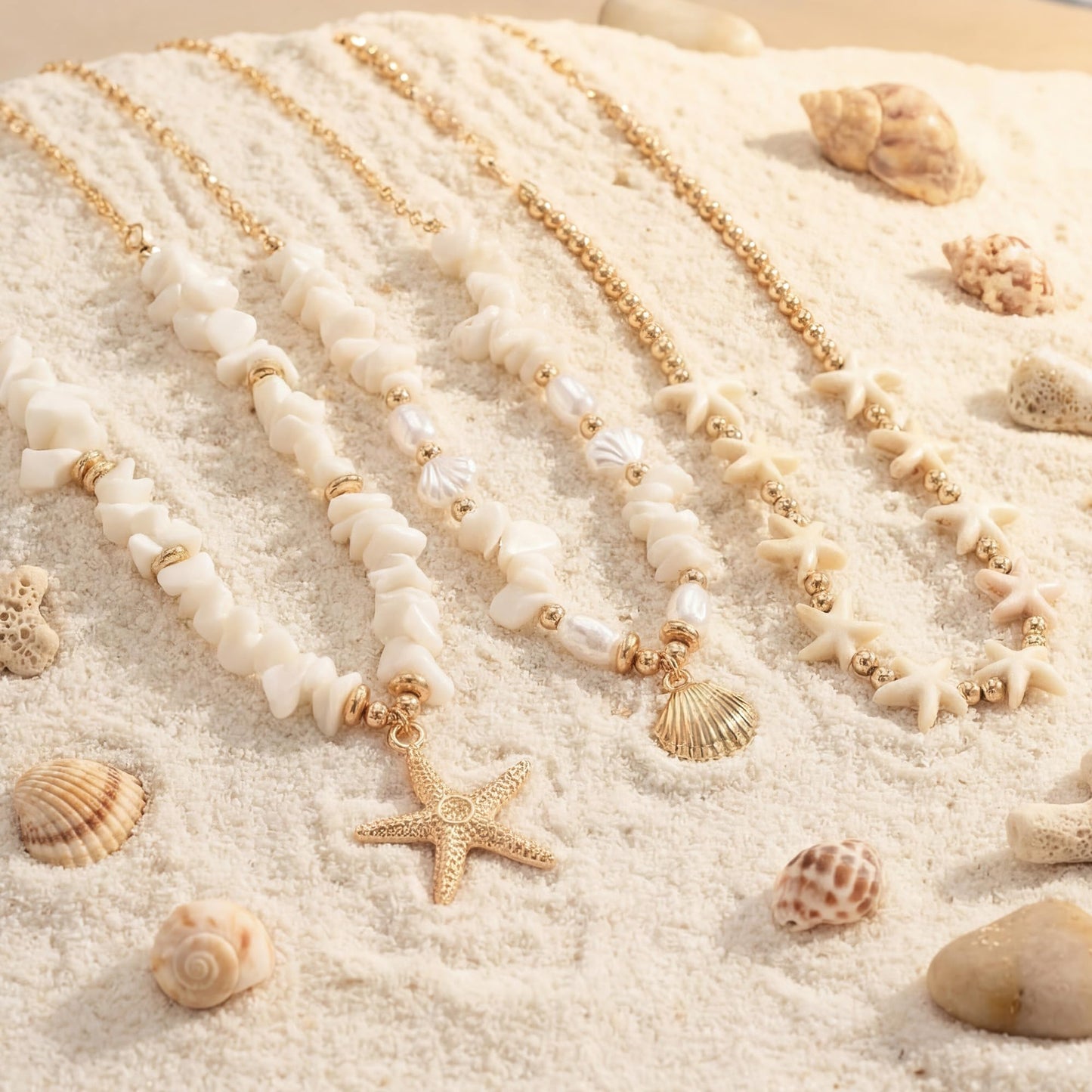 Shell Starfish Necklace for Women, Gold Plated Layered Pendant Necklace with Pearl Conch Charms, Boho Coastal Summer Beach Vacation Jewelry Gifts(Crush)