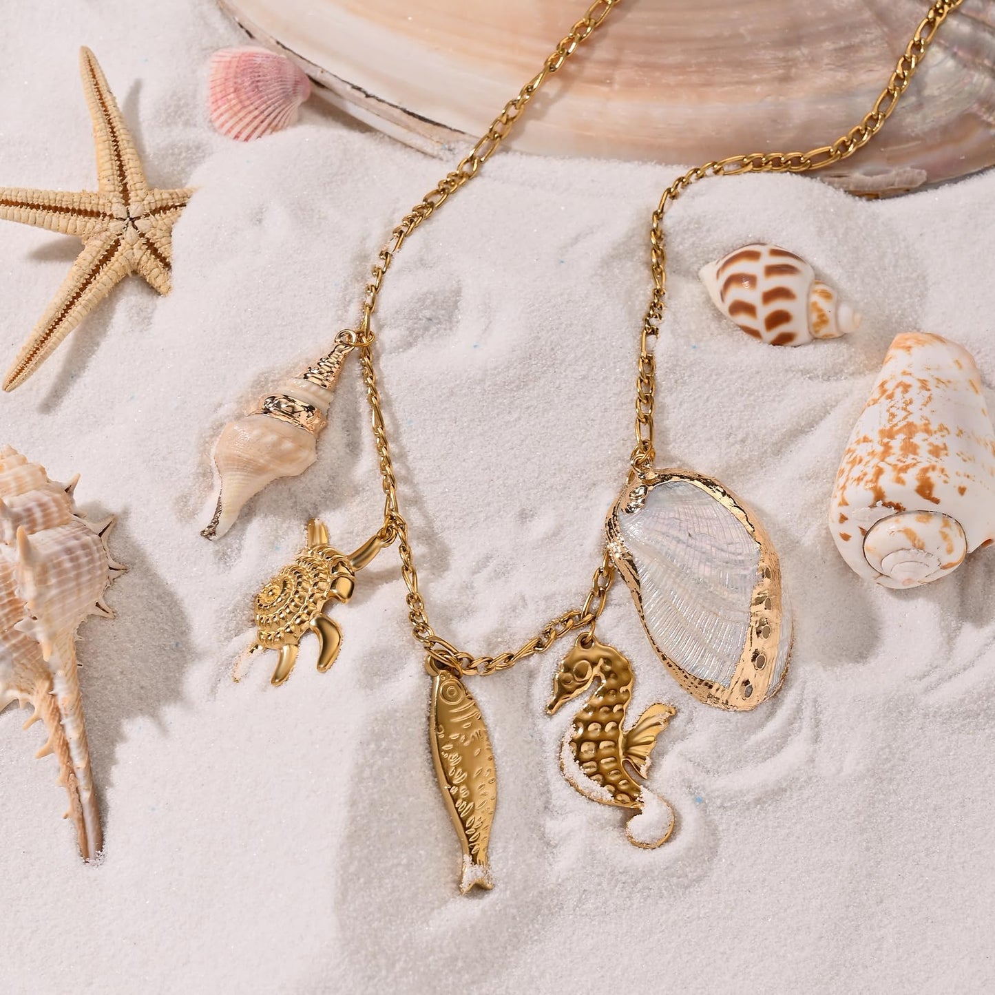 BTTLVZC Summer Beach Charms Necklace for Women Gold Fish Conch Seahorse Shell Charms Choker Necklace Trendy Ocean Theme Vacation Jewelry Gifts(Style-A)