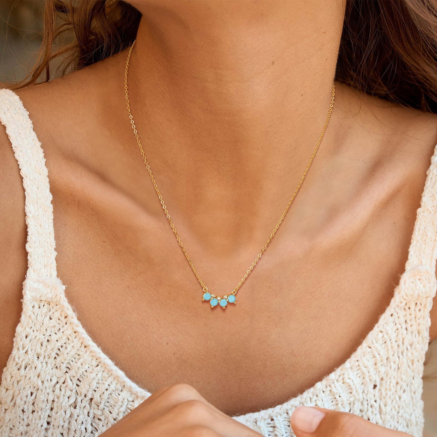 LOLAR RAY V-Shaped Turquoise Necklace 14K Gold Plated Gemstone & Cubic Zirconia Dainty Pendant Adjustable Chain Delicate Gift for Women