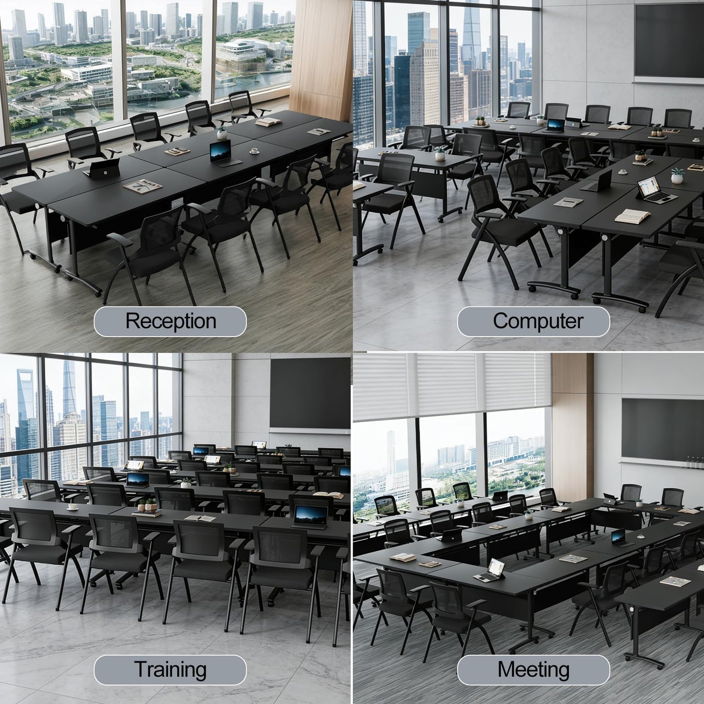 Conference Room Table with Wheels 6ft Folding Modular Large Black Conference Table Foldable Modern Rectangle Training Meeting Tables for Classroom Office(10, Black, D 55")