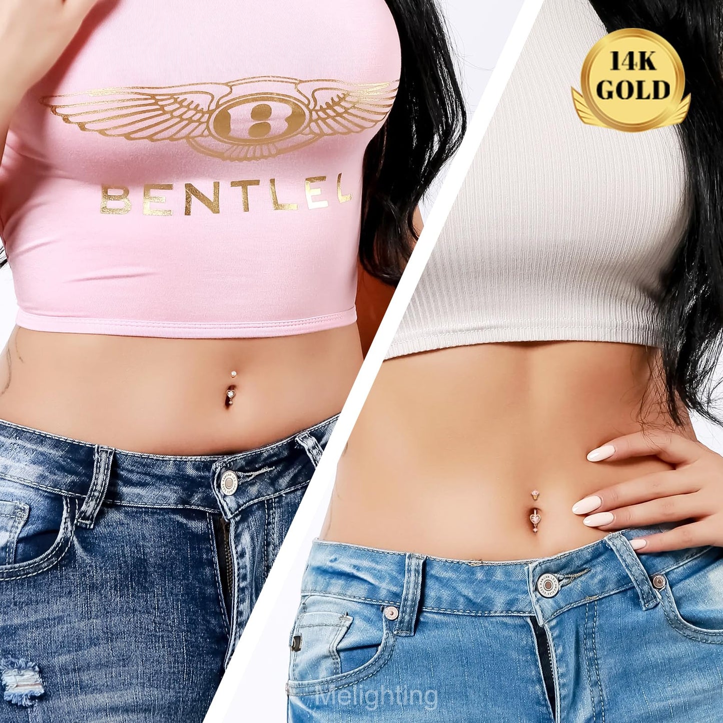 Melighting 14K Solid Gold Belly Button Ring Heart Belly Ring Gold Dangle Belly Piercing Jewelry 14G Navel Ring for Women