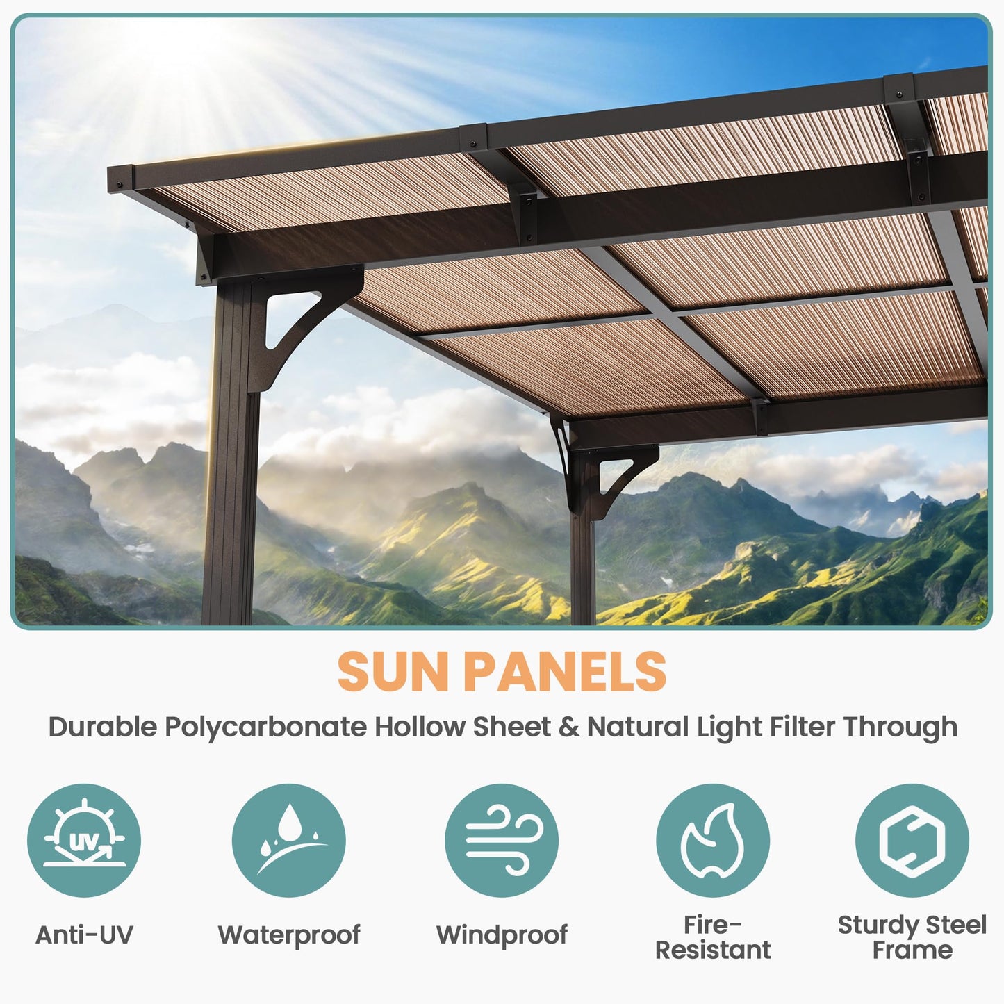 Pamapic 10x10FT Wall Mounted Gazebo, Hardtop Lean to Gazebo with Aluminum Frame & UV Resistant Polycarbonate Roof, Outdoor Patio Awning for Deck, Porch, Lawn & Backyard