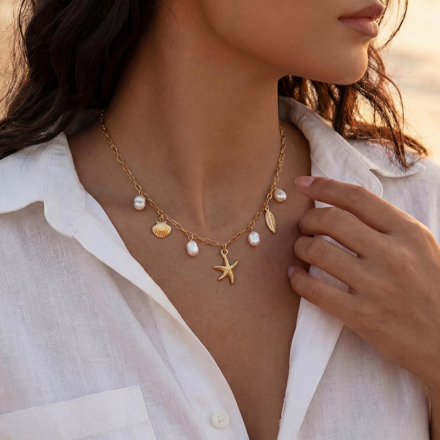 Shell Starfish Necklace for Women, 14k Gold Plated Boho Layered Beaded Charm Pendant Necklace, Dainty Adjustable Pearl Conch Summer Beach Vacation Jewelry Gifts(Starfish&Pearl)