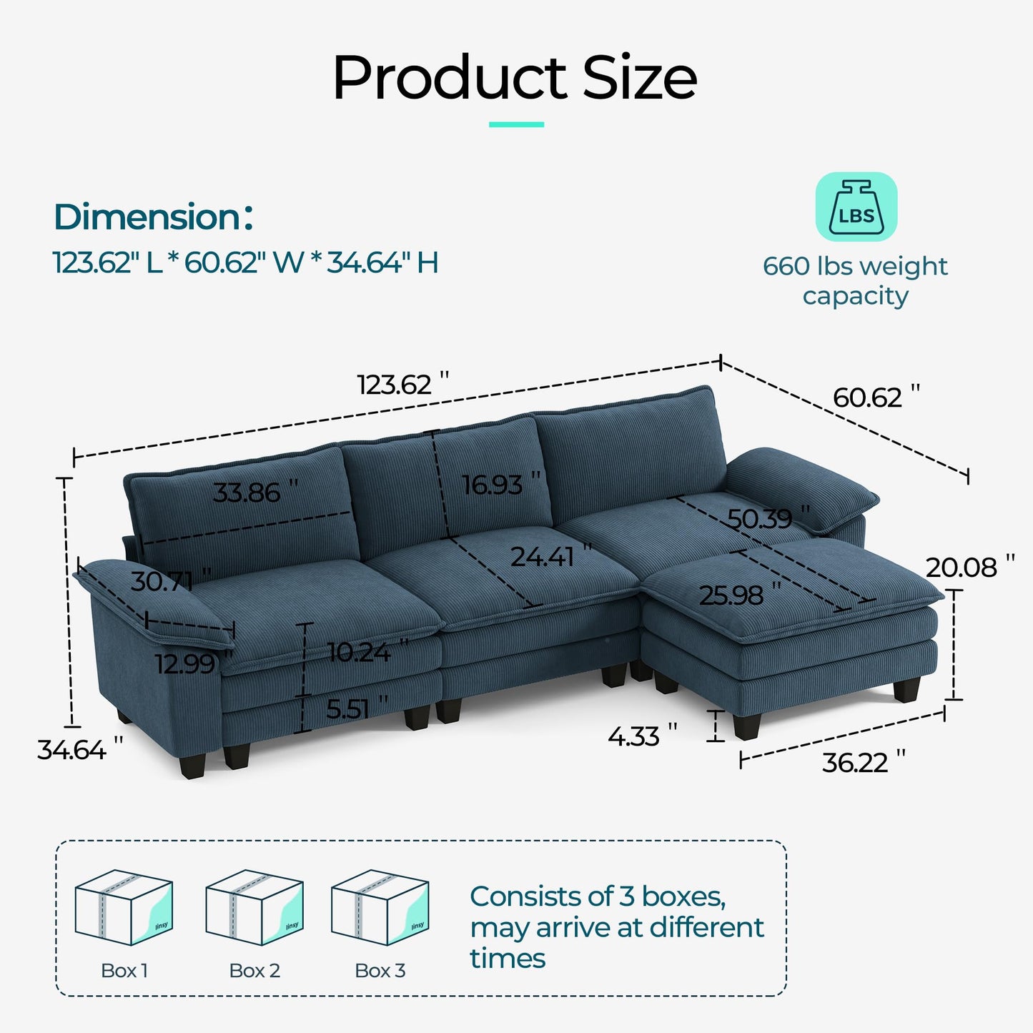 LINSY HOME 123'' Modular Sectional Sofa Blue Couch Corduroy Cloud Couches for Living Room, L Shaped Couch with Movable Ottoman, Modern Cloud Sectional Sofas for Bedroom and Apartment, Blue