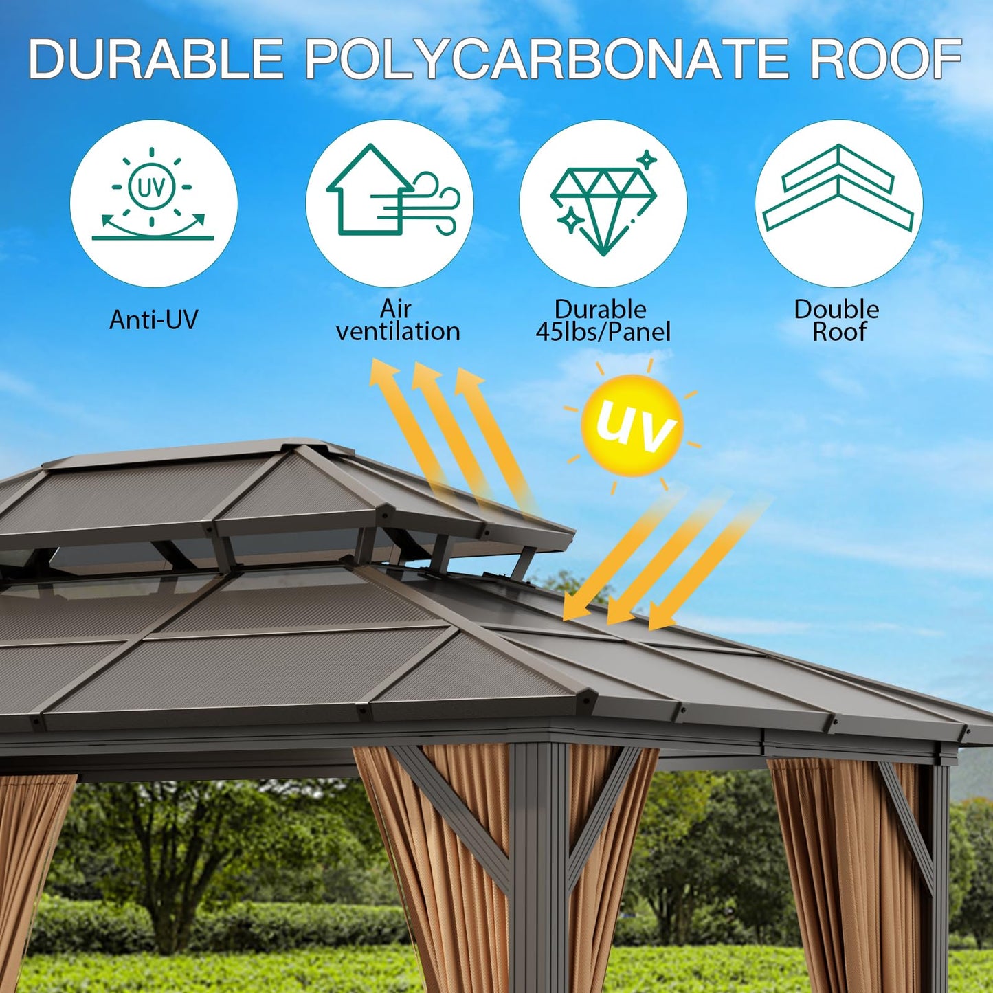 10x13 ft Permanent Aluminum Gazebo with Double-Layer PC Roof, Sturdy Metal Pavilion Canopy, All-Weather Outdoor Sunshade Structure with Retractable Curtains for Patio, Backyard, Garden, Deck