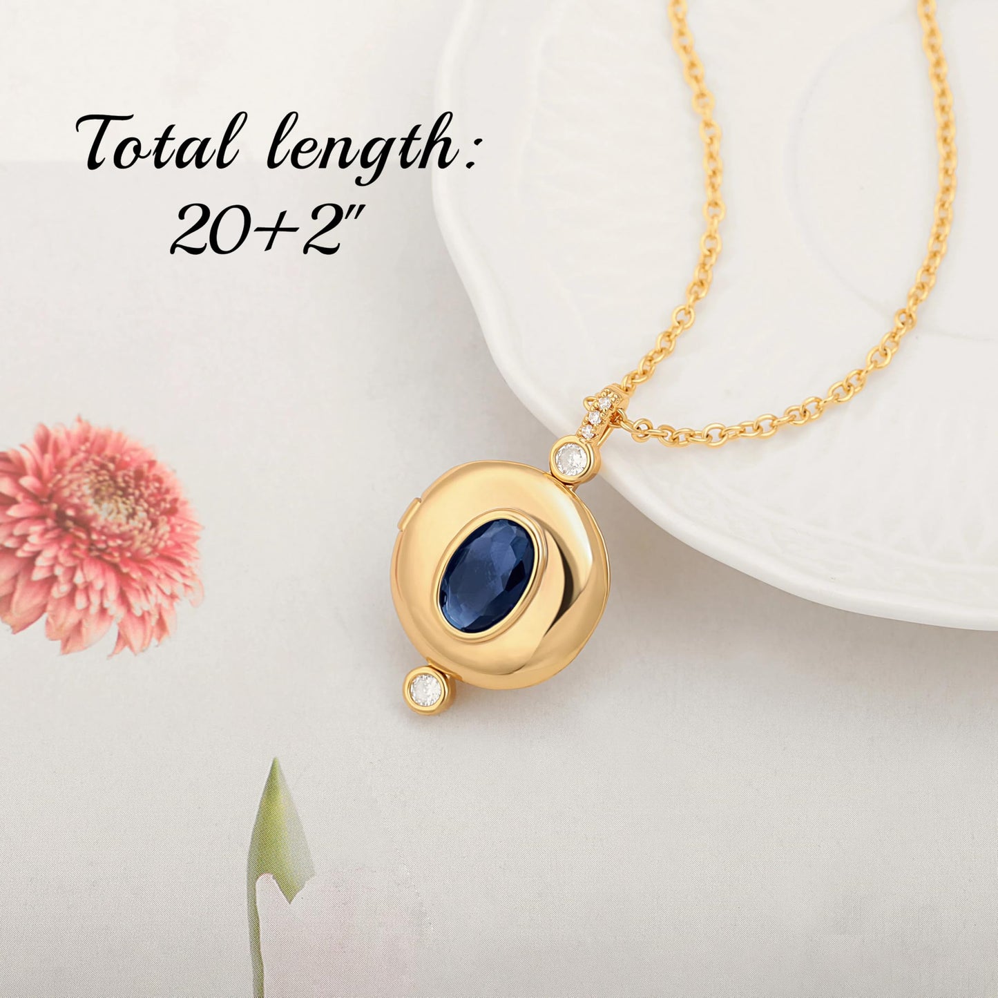 PEARLADA Dainty 18k Gold Plated Locket Necklace for Women, Blue Crystal Pendant Necklace with Picture Inside, Elegant Memorial Photo Necklace