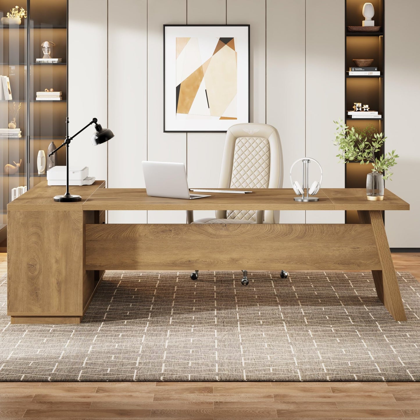 Tribesigns 78" L-Shaped Executive Desk, Large Modern Office Desk with Drawers and Lateral File Cabinet, Business Furniture with Storage Shelves, Big Computer Table for Home Office (Brown)
