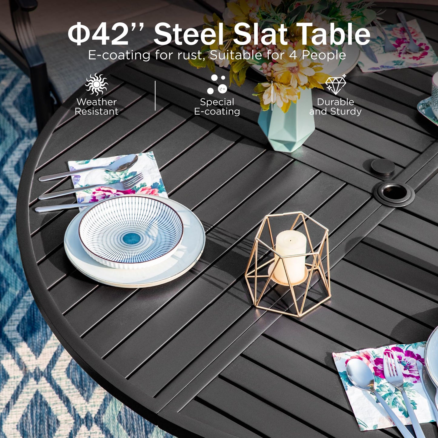 PHI VILLA Outdoor Patio Dining Set 5 Piece with 4 Padded Swivel Dining Chairs & 1 Large Round Dining Table, Textilene Mesh Fabric Chair and 42" Metal Table for All Weather