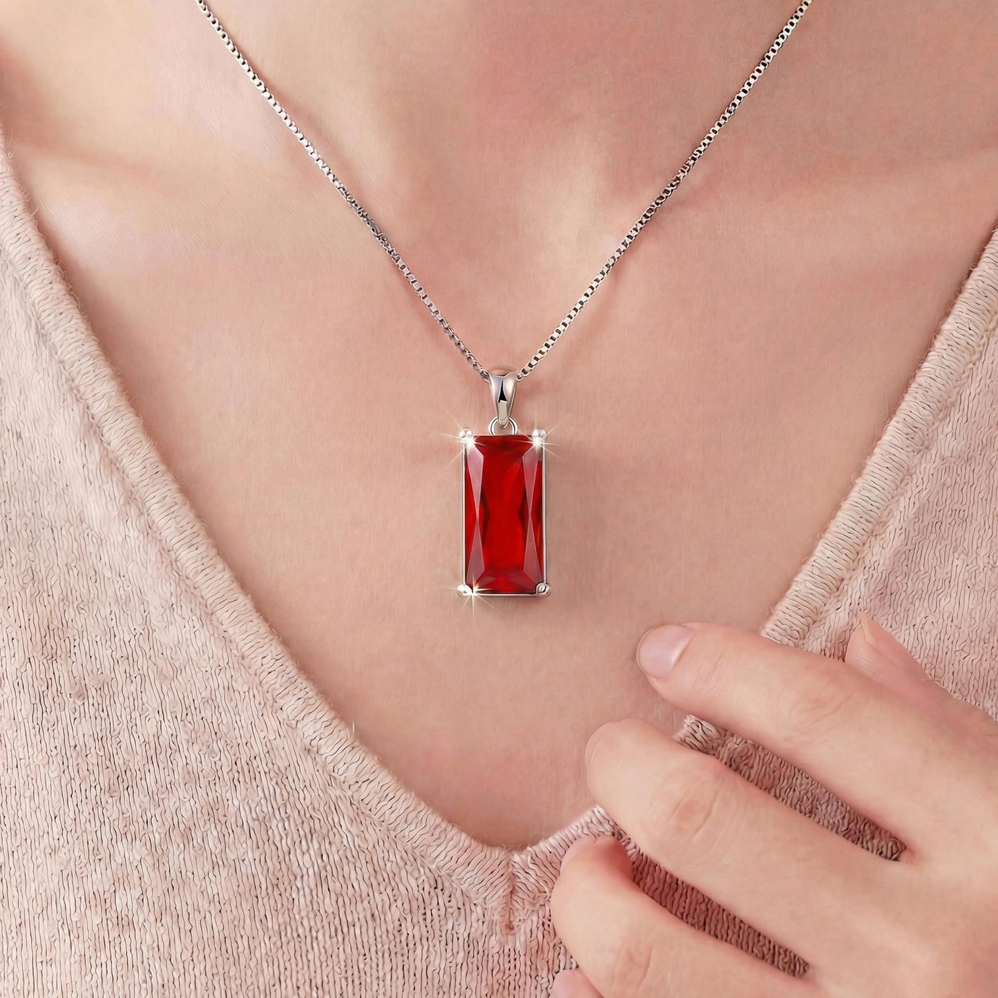 Kuschelkatze 8mm x 16mm Square July Birthstone Ruby Pendant Necklace – Fashion charming Sterling Silver Gift for women