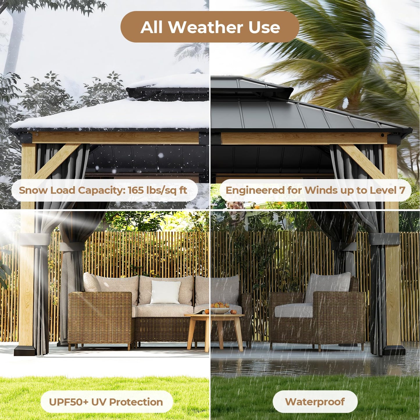 Jocoevol 10' X 12' Wood Gazebo Hardtop Outdoor Permanent Pavilion with Double Galvanized Steel Roof, Curtains and Netting, Snow Support, Wind Resistance, for Backyard Garden, Lawns, Patio