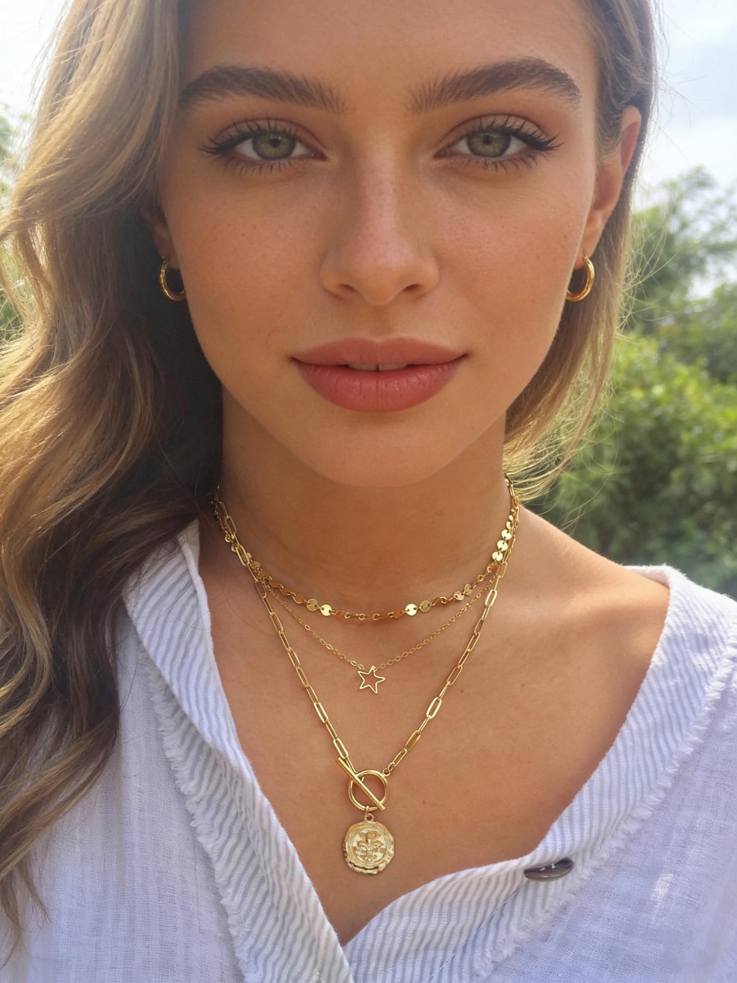 PEARLADA Dainty Birth Flower Coin Necklace, 18k Gold Plated Paperclip Necklace, Vintage Iris Spring Jewelry