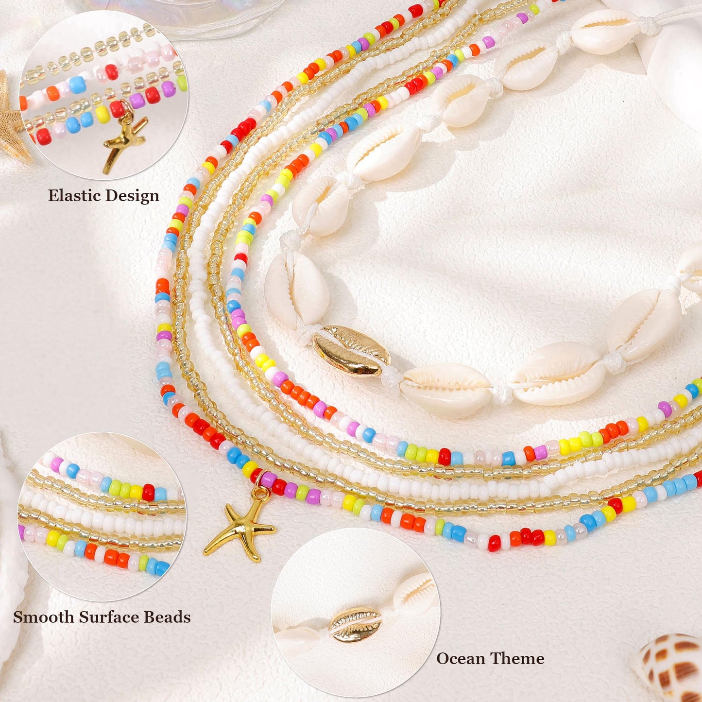 NICEIGHT 6Pcs Colorful Waist Beads Chain for Women Multi-layered Beaded Belly Chain Sexy Starfish Shell Chain for Waist Summer Beach Bikini Belly Body Chain Jewelry Colorful A