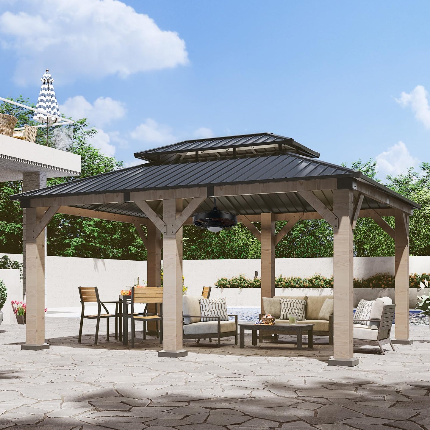 Aoxun 12' x 16' Outdoor Wood Gazebo, Hardtop Gazebo with Galvanized Steel Roof, Permanent Wooden Pavilion with Ceiling Fan, for Patio, Garden, Backyard, Cedar Wood, Grey
