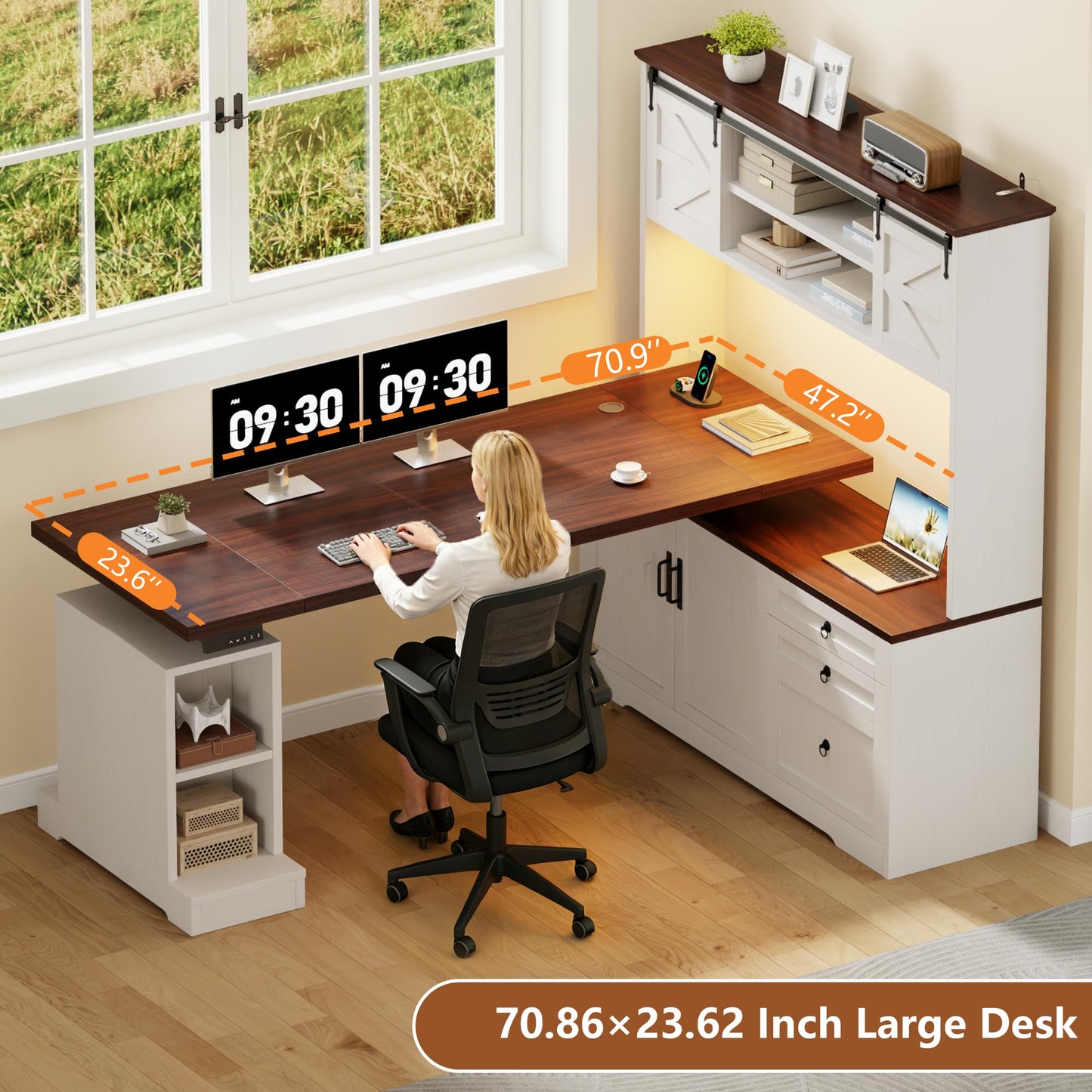 Homiflex 71" L Shaped Electric Standing Desk with Hutch and 3 Drawers, Farmhouse Height Adjustable Sit Stand Desk, Large Corner Computer Desk with File Cabinet, Power Outlets & LED Lights, White