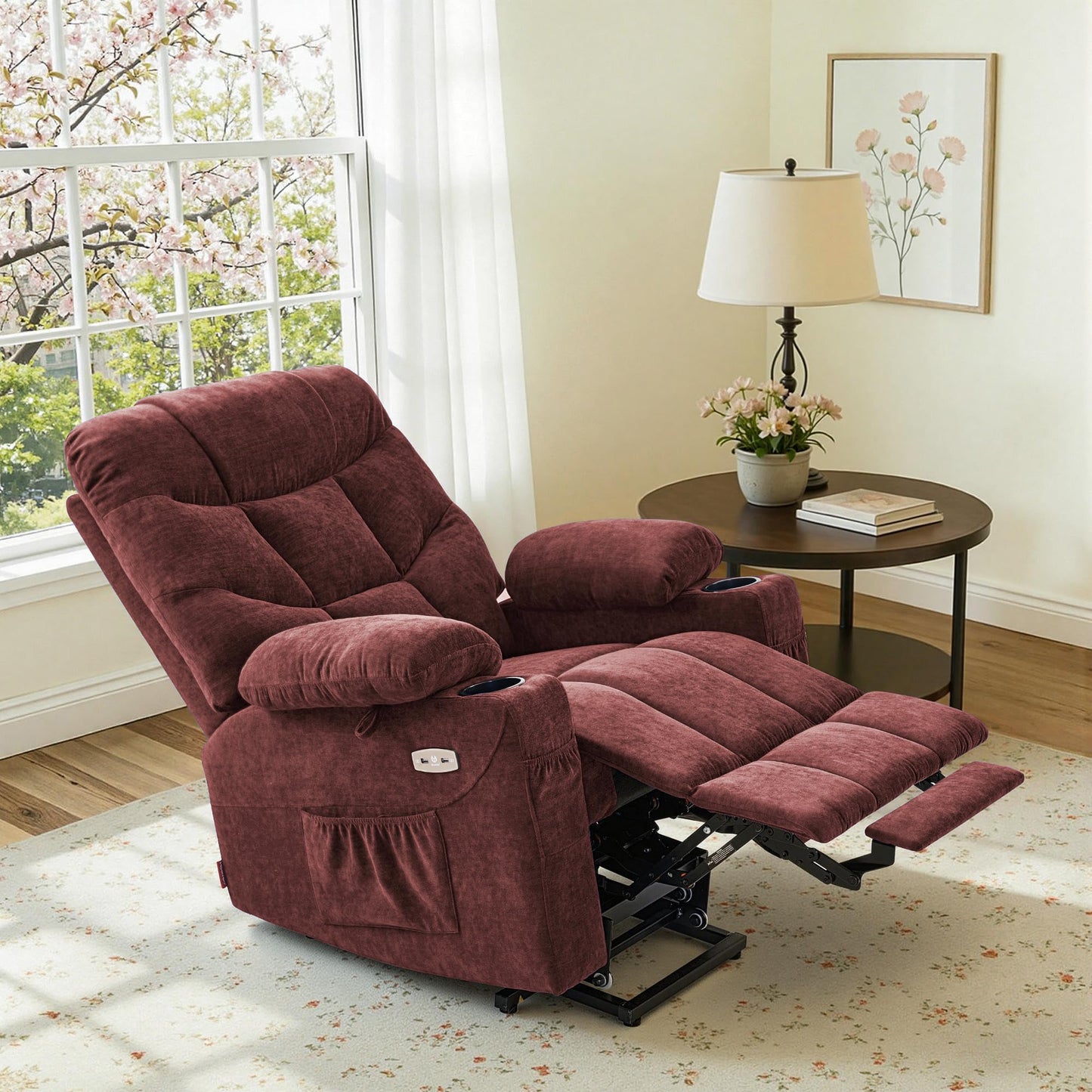 MCombo Power Lift Recliner Chair with Extended Footrest for Elderly People, Fabric 7287 (Burgundy, Medium)