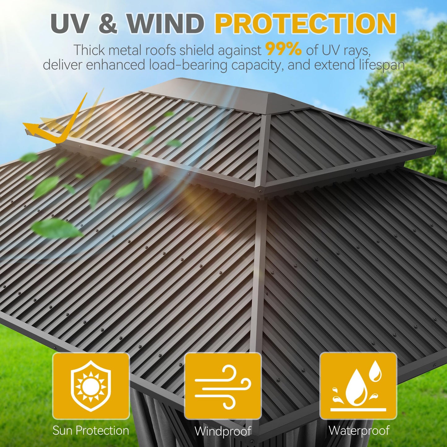 DWVO 12x14ft Hardtop Gazebo Double Roof with Nettings and Curtains, Heavy Duty Galvanized Steel Outdoor Roof for Patio, Backyard, Deck, Lawns, Gray
