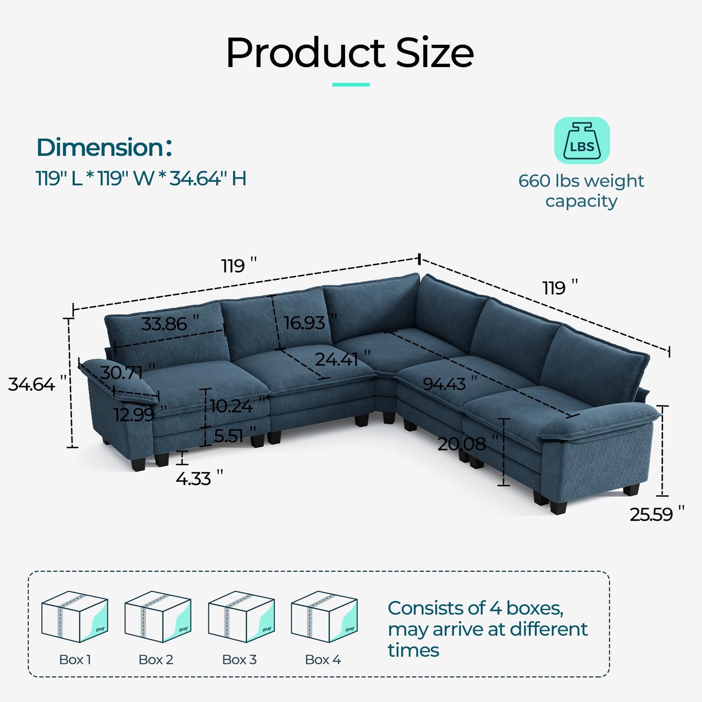 LINSY HOME 119" Modular Sectional Sofa Couch Corduroy Cloud Couches for Living Room, V-Shaped Cloud Couch Sectional Sofas for Bedroom and Apartment, Blue
