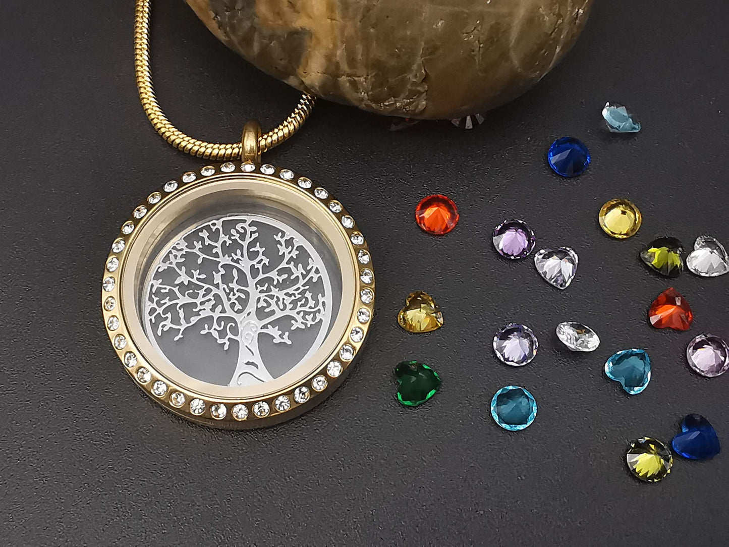 18K Gold Plated Family Tree of Life Floating Locket Necklace, Diy Stainless Steel Pendant with 24Pcs Birthstones for Mummy Mom Mother in Low Grandma Nana Aunt Niece